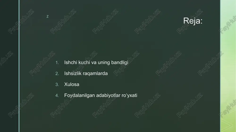 ining soni va sifati mamlakat aholisining soni hamda jinsi va yoshi jihatidan tarkibi bilan belgilanadi. bular esa oʻz navbatida aholining tabiiy harakatlanishiga bogʻliq boʻladi z z ishsizlik — bir qism iqtisodiy faol aholining oʻziga loyiq ish topa olmasdan qolishi va mehnat zaxirasiga aylanishi. oʻzbekistonda ishsizlik tushunchasi rasman 1992-yil “aholini ish bilan taʼminlash toʻgʻrisida”gi qonunining qabul qilinishi bilan meʼyoriy kuchga ega boʻldi (1998-yil 1 mayda ushbu qonunning yangi tahriri qabul qilindi). z ishsizlik inson manfaatlariga toʻgʻridan toʻgʻri taʼsir qiladigan yirik ijtimoiy-iqtisodiy muammolardan biri hisoblanadi. ish joyini yoʻqotish koʻp kishilar uchun oilaviy turmush darajasining pasayishini, shaxsiy hayotining notinchligini keltirib chiqaradi, kishiga jiddiy ruhiy taʼsir koʻrsatadi. z amaldagi iqtisodiy hayotda ishsizlik ish kuchi taklifining unga boʻlgan talabdan oshib ketishi tarzida namoyon boʻladi. ishsizlik sababi turlicha: texnika rivojlanish bilan mehnat unumdorligi ortadi, i.ch. kam mehnat talab boʻlib qoladi. iqtisodiyotda jami talab va taklif muvozanati buziladi, tovarlarga bozor talabining qisqarishi ish kuchiga talabni ham qisqartirib …