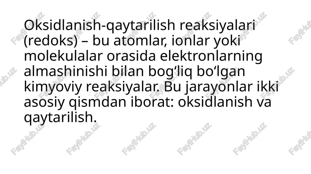 tok manbalari — akkumulyatorlar va galvanik elementlar oksidlanish-qaytarilish tufayli ishlaydi va hokazo. 3. sanoat: metallarning korroziyasi, elektroliz, galvanik elementlar ishlash prinsipi redoks reaksiyalarga asoslanadi.oksidlovchi va qaytaruvchi moddalaroksidlovchi: elektronlarni qabul qiladigan moddalar (qaytariladi).qaytaruvchi: elektronlarni beradigan moddalar (oksidlanadi). xulosaoksidlanish-qaytarilish reaksiyalari kimyo va hayot uchun muhim jarayonlar bo‘lib, energiya ishlab chiqarish, moddalar sintez qilish va tirik organizmlarda modda almashinuvini ta’minlashda asosiy rol o‘ynaydi. e’tiboringiz uchun rahmat image1.jpeg image2.jpeg image3.jpeg /docprops/thumbnail.jpeg