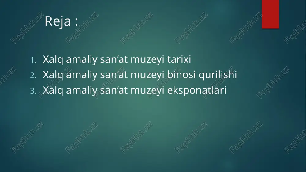 on respublikasi prezidentining 1998 yil 12 yanvardagi “muzeylar faoliyatini tubdan yaxshilash va takomillashtirish to’g’risda”gi farmonida “o’zbekiston hududida qadimdan shakllangan muzeylar tizimini yanada takomillashtirish, ularning xalq ma’naviy ahloqiy kamolotida tutgan o’rnini oshirish. muzey 1938-yildan 19-asr oxirida bunyod etilgan chor rossiyasining diplomati a.a.polovsevning sobiq saroyida joylashgan. binoning oʻzi ham xalq meʼmorligi va bezak sanʼatining nodir namunasidir. uni qurish va bezashda buxoro, samarqand, toshkent, xiva va boshqalar shaharlardan kelgan ustalar qatnashgan, bino ganch va yogʻoch oʻymakorligi, naqqoshlik bilan jozibador bezatilgan. markaziy xona (sobiq mehmonxona) shifti kundal uslubida bezatilgan boʻlib, usta o. qosimjonov naqqoshlarga boshchilik qilgan, koshinlarini rishtonlik kulol usta abdulla ishlagan. xonadagi 2 kamin bezaklari shift va devor naqshlari bilan uygʻun, 2 tokcha va mehrob bezagini yaratishda toshkentlik usta t.arslonqulov qatnashgan. xonaning yuqoridagi eshigidan boshqa xona (sobiq istirohatxona)ga oʻtiladi, bu xona ham nafis bezatilgan. binoning boshqa xonalarida bezak kam o’zbek xalqi o’zining qadimiy amaliy san’ati bilan jahonga mashhurdir. bu hunarlar : zargarlik ipak …