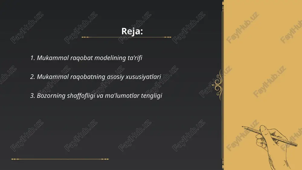 bmtning ma'lumotlariga ko'ra, ma'lumotlar tengligi bilan qamrab olingan mamlakatlarda iqtisodiy ko'rsatkichlar 10-15% ga yaxshiroqdir. ushbu omillar kichik biznesni rivojlantiradi va iqtisodiyotga yanada ko'proq ishtirokchilarni jalb qiladi. ... t.me/slaydai_bot 4. talab va taklif qonunlari talab va taklif qonunlari iqtisodiyotning asosiy elementlari hisoblanadi. talab bu iste'molchilar tomonidan ma'lum tovar yoki xizmatlarni sotib olish istagi bo'lib, u narxga bog'liq. talab qonuniga ko'ra, narx oshganda talab pasayadi, va aksincha, narx pasayganda talab oshadi. taklif esa ishlab chiqaruvchilar tomonidan bozorga chiqarilayotgan tovar yoki xizmatlar hajmidir. taklif qonuniga ko'ra, narx oshganda taklif ortadi, va narx pasayganda taklif kamayadi. bozor muvozanati talab va taklifning tenglashgan holatidir, bu nuqtada ham narx, ham son miqdori barqaror bo'ladi. bu qonunlar iqtisodiy model va tahlil uchun asos vazifasini bajaradi. ... t.me/slaydai_bot bozor narxining shakllanishi ko‘p omillarga bog‘liq. asosiy omillar taklif va talab, xarajatlar va raqobat darajasidir. talab ortganda va taklif kamayganda narx oshadi, masalan, avtomobillar sanoati talabning 10% o‘sishi bilan 5% …