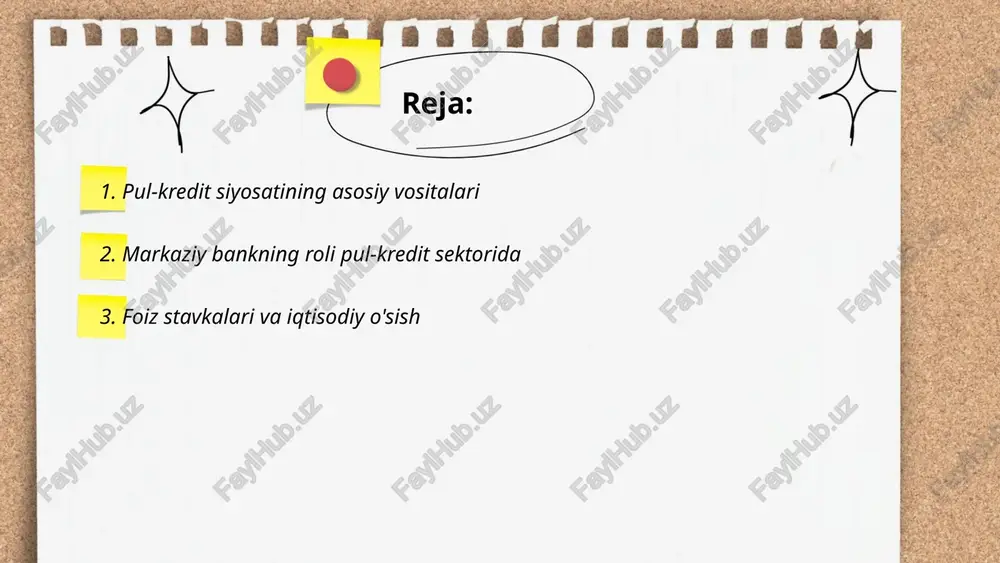 tavkalar iqtisodiy faollikka ta'sir qiladi. masalan, o'zbekiston markaziy banki asosiy stavkasini 2023-yilda 14% darajasida tutib turdi, bu investitsiyalar va iste'molni rag'batlantirishga qaratilgan choradir. iqtisodiy o'sish sur'ati 2022-yilda 5.6% bo'lib, 2023-yilda esa 6.5% ga o'sishi kutilmoqda. foiz stavkalari pasaysa, kredit olish arzonlashadi va bu iqtisodiy faollikni oshirishi mumkin. shu bilan birga, stavkalarni oshirish inflatsiyani nazorat qilishga qaratilgan, biroq iqtisodiy o'sishni sekinlashtirishi mumkin. ... t.me/slaydai_bot 4. inflyatsiya va uning pul-kredit sektoriga ta'siri inflyatsiya iqtisodiy muvozanatni buzib, pul-kredit sektoriga salbiy ta'sir ko'rsatadi. bu jarayonda valyuta qadrsizlanishi, bank foiz stavkalarining oshishi va kredit olish qiyinchiliklari kuzatiladi. masalan, narxlar darajasi yillik 10% ga o'ssa, pul qiymati qisqaradi. o'zbekiston markaziy banki inflyatsiyani nazorat qilish uchun asosiy stavkani oshirishga majbur bo'lishi mumkin, bu esa iqtisodiyotning boshqa tarmoqlariga ta'sir ko'rsatadi. inflyatsiya darajasining yuqoriligi investitsiyalarni kamaytirishi va umumiy iqtisodiy o'sishni sekinlatishi ehtimoli bor. bu holatda, markaziy bankning doimiy choralar ko'rishi muhim, jumladan, pul massasini nazorat qilish va barqarorlikni saqlash. …