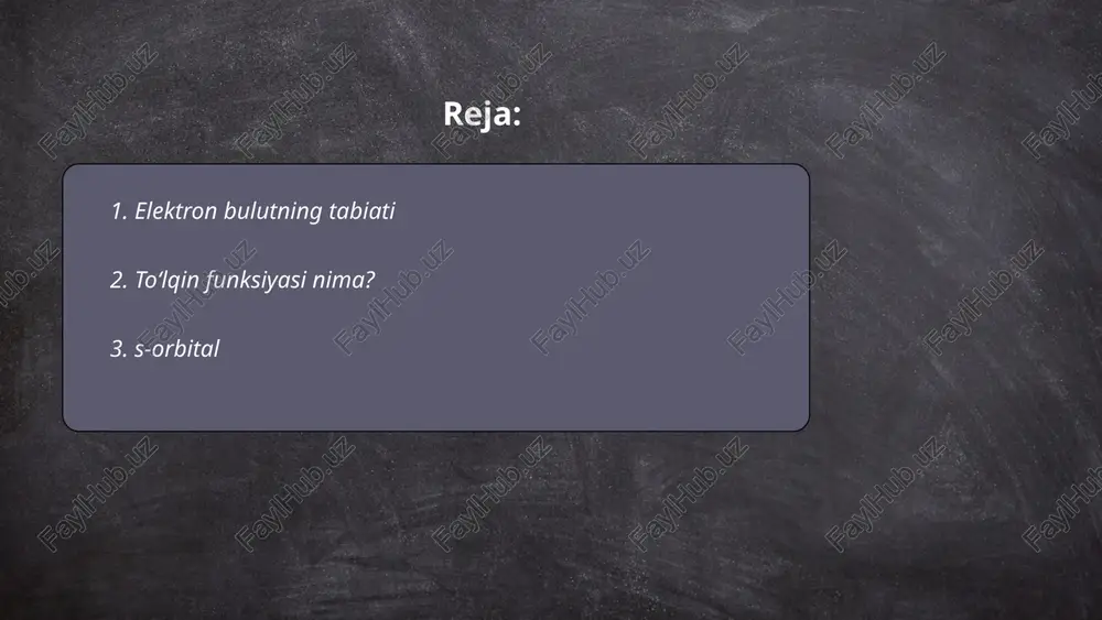 sini ifodalaydi. s-orbitalning shakli sferik bo'lib, u hajmiga nisbatan teng taqsimlangan elektron zichligiga ega. s-orbitalda faqat bitta elektron jufti joylashishi mumkin va u har bir asosiy energiya darajasida birinchi bo'lib to'ladi. masalan, vodorod atomining yagona elektroni 1s-orbitalda joylashgan. s-orbitalning kattaligi kvant soni oshgani sayin ortib boradi, ya'ni 2s, 3s va h.k. energiya darajasi oshgani sari s-orbital yadroni tashqi qavatlarga qadar kengayadi. yadro bilan elektron o'rtasidagi masofa ortgani sababli, tashqi s-orbitallar ichki s-orbitallardan kattaroq hajmga ega. ... t.me/slaydai_bot p-orbital atomning elektron bulutining bir qismi bo'lib, uchta yo'nalishda (px, py, pz) mavjud. har bir yo'nalishda bitta p-orbital bo'lib, ularning shakli dumbbellga o'xshaydi va yadrodan chetroqda joylashadi. p-orbitallari n=2 energiya darajasidan boshlab mavjud bo'ladi. har bir p-orbitalda maksimal ikki elektron bo'ladi, jami hisobda p-orbitalda oltita elektron bo'lishi mumkin. ushbu orbitallar kimyoviy bog'lanishlarda, ayniqsa, vodorod, karbon va boshqa elementlar bilan kovalent bog'lanishlarda ishtirok etadi. karbon atomida p-orbitallar hibridlanishi natijasida sp, sp^2, sp^3 orbitallari hosil …