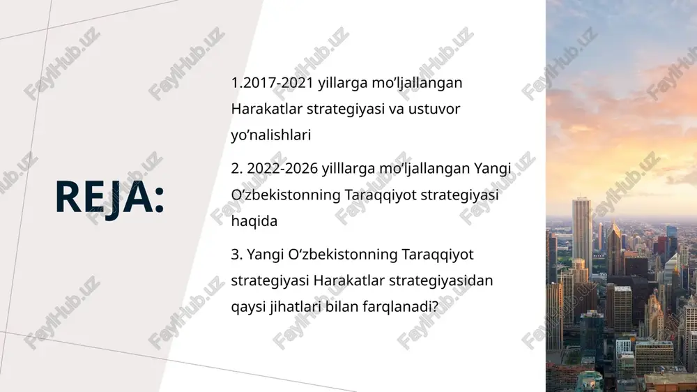 urini tasdiqlandi va belgilangan maqsadlarga erishish yolida chora tadbirlar ishlab chiqildi. jumladan, 2017-yilda “xalq bilan muloqot va inson manfaatlari yili” davlat dasturi; 2018-yilda“faol tadbirkorlik, innovatsion g‘oyalar va texnologiyalarni qo‘llab-quvvatlash yili” davlat dasturi; 2019-yilda “faol investitsiyalar va ijtimoiy rivojlanish yili” davlat dasturi; 2020-yilda “ilm, ma’rifat va raqamli iqtisodiyotni rivojlantirish yili” davlat dasturi asosida belgilangan chora-tadbirlar amalga oshirildi 4 5 ta ustuvor yo’nalishlar: i. davlat va jamiyat qurilish tizimini takomillashtirish. (moviy havorang – osmon va toza suv ramzi, buyuk amir temur davlatining bayrog‘ining rangi) ii. qonun ustuvorligini ta’minlash va sud-huquq tizimini yanada isloh qilish. (siyohrang – qonuniylik elementlari hisoblangan ustuvorlik va or nomuslilik ramzi) iii. iqtisodiyotni rivojlantirish va erkinlashtirish. (tillarang –iqtisodiyotni rivojlantirish elementlari hisoblangan kuch-qudrat va boylik ramzi) iv. ijtimoiy sohani rivojlantirish. (qizil rang – hayot va aholining munosib turmush tarzini ta’minlash ramzi). v. xavfsizlik, diniy bag‘rikenglik va millatlararo totuvlik, o‘zaro manfaatli va amaliy tashqi siyosat. (oq rang – tinchliksevarlik siyosati elementlari …