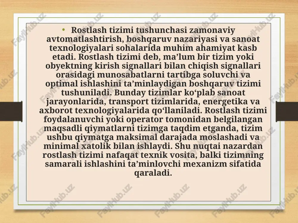 li rostlash tizimlarida statik xarakteristikalarni tahlil qilish va ularni mukammallashtirish katta ahamiyatga ega. uchinchi xususiyat — tizimning liniyligi va chiziqlilik chegarasi. ko‘plab amaliy rostlash tizimlari chiziqli deb hisoblanadi, ya’ni kirish signali va chiqish signali o‘rtasida to‘g‘ridan-to‘g‘ri proporsional bog‘lanish mavjud. shu bilan birga, real tizimlar ko‘pincha no-chiziqli xususiyatlarga ega bo‘lib, bu esa rostlash jarayonini murakkablashtiradi. no-chiziqlikni hisobga olgan holda tizimni rostlash va optimallashtirish uchun maxsus algoritmlar va modellashtirish usullari qo‘llaniladi. to‘rtinchi xususiyat — tizimning sezgirligi va xatolikka chidamliligi. har bir rostlash tizimi muayyan cheklovlar va parametrlar doirasida ishlaydi. tizim parametrlaridagi kichik o‘zgarishlar yoki tashqi shovqinlar tizimning chiqish qiymatiga ta’sir qilishi mumkin. shu sababli rostlash tizimi xatolikka chidamli va tashqi ta’sirlarga minimal sezgir bo‘lishi zarur. bu xususiyat tizimning ishonchliligi va uzoq muddatli ishlashini ta’minlaydi. beshinchi xususiyat — tizimning moslashuvchanligi va optimallashtirish imkoniyati. rostlash tizimi turli sharoitlarda ishlashga moslashishi, yangi parametrlar va kirish shartlariga tezkor javob bera olishi lozim. shu bilan birga, tizimni …