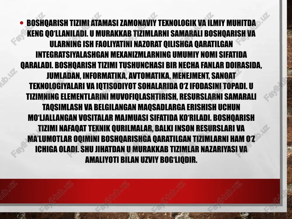 hisoblanadi. bu subyekt inson, kompyuter dasturi yoki avtomatik algoritm bo‘lishi mumkin. boshqaruv subyekti va obyekti o‘rtasidagi munosabat boshqarish tizimining samaradorligini belgilaydi. boshqarish tizimi nazariy jihatdan ikki turga bo‘linadi ochiq va yopiq tizimlar. yopiq tizimlar tashqi muhitdan deyarli mustaqil ishlaydi va ularning xatti-harakati asosan ichki mexanizmlarga bog‘liq bo‘ladi. bunday tizimlarda boshqaruv algoritmlari oldindan belgilangan va barqaror bo‘ladi. ochiq tizimlar esa doimiy ravishda tashqi muhit bilan o‘zaro aloqada bo‘lib, ular o‘z ish faoliyatini tashqi o‘zgarishlarga moslashtira oladi. masalan, energiya ta’minoti tizimlari, transport va aloqa tizimlari ochiq boshqarish tizimlariga misol bo‘la oladi. ochiq tizimlarning murakkabligi shundaki, ular tashqi muhitdagi noaniqliklar va o‘zgarishlarga tezkor javob qaytarishi zarur. boshqarish tizimlarining samaradorligini ta’minlash uchun bir qator printsiplar mavjud. ulardan eng muhimi — tizimning maqsadga muvofiqligi. har bir boshqarish tizimi o‘ziga xos maqsadga erishishga qaratilgan bo‘lib, resurslarni tejash va jarayonlarni optimallashtirish orqali bu maqsadga erishadi. ikkinchi printsip — tizimning adaptivligi. zamonaviy boshqarish tizimlari sharoitlar o‘zgarishiga tez moslasha …