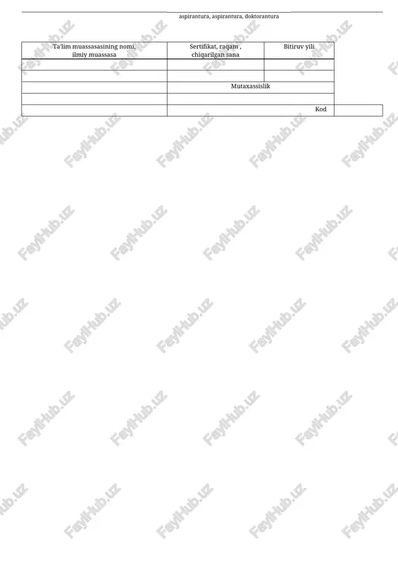 idagi komissarlik 2. harbiy unvon 3. tarkibi (profil) 7. harbiy xizmatga ro‘yxatga olinganlar: 4. harbiy mutaxassislikning to'liq kodli belgilanishi a) umumiy (jamoa raqami, o'yin) harbiy xizmatga yaroqlilik toifasi b) maxsus 8. harbiy ro'yxatga olishdan chiqarilganlik belgisi hr xodimi lavozim imzo to'liq ism ishchi imzo iii. ishlab chiqish va boshqa ishga o‘tkazish sana strukturaviy bo'linma kasb-hunar (lavozim), malaka darajasi, toifasi (toifasi). ish haqi (tarif stavka), qo'shimcha to'lov, so'm baza mehnat kitobi egasining imzosi 1 2 3 4 5 6 i v. sertifikatsiya sana sertifikatlash komissiya qarori hujjat (protokol) baza raqam sana 1 2 3 4 5 v. muqafiq olish sana ko'rish ortadi malakalar ism tarbiyaviy muassasalar, ularning joylashuvi hujjat (sertifikat, sertifikat) baza boshlanishi trening yakunlari trening ism seriya, raqam sana 1 2 3 4 5 6 7 8 t-2-shaklning 4-beti vi. kasbiy qayta tayyorlash sana mutaxassislik (yo'nalish, kasb) hujjat (diplom, sertifikat) baza boshlanishi qayta tayyorlash yakunlari qayta tayyorlash ism raqam sana …