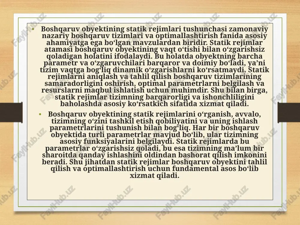 qimini optimallashtirish va yo‘l xavfsizligini ta’minlashga xizmat qiladi. shu tarzda, statik rejimlar har qanday boshqaruv tizimining ish faoliyatini baholash va uni optimallashtirish uchun universal vosita hisoblanadi. boshqaruv obyektida statik rejimlarni aniqlashning ilmiy asoslari matematik modellarga tayangan holda amalga oshiriladi. har bir tizimning dinamik va statik xususiyatlarini tavsiflovchi tenglamalar mavjud bo‘lib, ularning yechimlari orqali barqaror statik rejimlar topiladi. statik rejimlarni tahlil qilish jarayonida tizimning barcha parametr va kirish signalari o‘zgarishsiz qabul qilinadi va natijada tizimning barqaror holati aniqlanadi. bu jarayon boshqaruv tizimining optimal ishlashini ta’minlash, nosozliklarni aniqlash va xatoliklarni kamaytirish uchun zarurdir. statik rejimlar tushunchasi bilan chambarchas bog‘liq bo‘lgan mavzu — ekstremum tushunchasi va optimallashtirish. har bir boshqaruv obyektida statik rejimlar ichida ma’lum bir parametr konfiguratsiyasi mavjud bo‘lib, u tizimning samaradorligini maksimal darajaga olib chiqadi. bu optimal konfiguratsiya statik rejimlar doirasida aniqlanadi va bevosita qidirish yoki algoritmik optimallashtirish usullari orqali topiladi. shu jihatdan, statik rejimlarni tahlil qilish va optimallashtirish tizim samaradorligini …