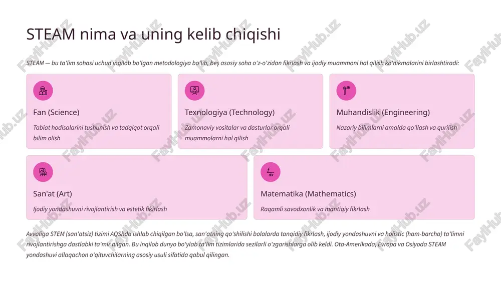 . 3 maktabgacha ta’lim tashkilotlarida kommunikativ kompetensiyani rivojlantirish steam faoliyatlari bilan chambarchas bog‘lanadi. masalan, fan yoki texnologiyaga oid kichik loyihalar, qurilish yoki tajribalar jarayonida bolalar bir-biri bilan fikr almashadilar, natijalarni muhokama qiladilar, o‘z g‘oyalarini so‘z bilan ifodalaydilar. bu jarayon ularning og‘zaki nutqini, mantiqiy fikrlashini va ijtimoiy faolligini kuchaytiradi. shuningdek, tarbiyachi steam faoliyatlarini tashkil etishda kommunikativ kompetensiyani rivojlantiruvchi metodlardan — suhbat, rolli o‘yinlar, jamoaviy loyihalar, savol-javobli muhokamalar — keng foydalanadi. bunday yondashuv natijasida bola nafaqat fan va texnika elementlari bilan tanishadi, balki o‘z fikrini boshqalarga yetkazishni, ularni tinglashni va jamoa bilan ishlashni o‘rganadi. demak, steam texnologiyasi va kommunikativ kompetensiya integratsiyasi — bu bolalarda ilmiy va texnik tafakkurni rivojlantirish bilan bir qatorda, ularning nutqiy, ijtimoiy va emotsional sohalarini ham boyituvchi, shaxsiy rivojlanishni ta’minlovchi samarali pedagogik yondashuvdir. bu integratsiya maktabgacha yoshdagi bolalarda xxi asr ko‘nikmalarini — ijodkorlik, tanqidiy fikrlash, hamkorlik va muloqot madaniyatini — shakllantirishga xizmat qiladi. 4 nega steam zamonaviy ta'limda muhim? …
