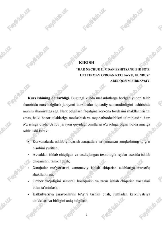 ishlab chiqarish xarajatlarini hisobga olish va ularni ishonchli aks ettirish orqali korxonalar mahsulotlarining narx siyosatini shakllantirishda barqarorlikka erishishi mumkin. bu esa korxona foydasining shakllanishi va taqsimlanishiga ta’sir ko‘rsatadigan muhim omil hisoblanadi. kurs ishining maqsadi va vazifasi. kurs ishining asosiy maqsadi mahsulotlarga bo‘lgan yuqori talab sharoitida narx belgilash tartibini tahlil qilish va samarali narx siyosatini shakllantirishga qaratilgan takliflarni ishlab chiqishdan iboratdir. ushbu maqsadga erishish uchun quyidagi vazifalar belgilangan: · ishlab chiqarish xarajatlari va tannarxni aniqlashda nazariy va amaliy yondashuvlarni o‘rganish; · mahsulot narxini belgilashda bozor talabi va korxona xarajatlarini uyg‘unlashtirish usullarini ishlab chiqish; · raqobatbardosh narx siyosatini shakllantirish uchun iqtisodiy ko‘rsatkichlarni chuqur tahlil qilish. kurs ishining tuzilmasining tavsifi. kurs ishi kirish qismi, ikki bobdan iborat asosiy qism, oltita reja, xulosa va foydalanilgan adabiyotlar ro‘yxatini o‘z ichiga oladi. unda mahsulot narxini shakllantirishning nazariy asoslari, amaliy jihatlari va korxonalarning iqtisodiy samaradorligini oshirishga qaratilgan takliflar batafsil yoritilgan. i bob. maxsulotlarga bo'lgan yuqori talab davrida …