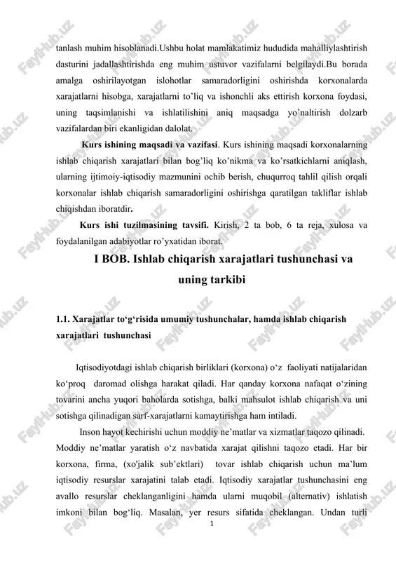 ar samaradorligini oshirishda korxonalarda xarajatlarni hisobga, xarajatlarni to’liq va ishonchli aks ettirish korxona foydasi, uning taqsimlanishi va ishlatilishini aniq maqsadga yo’naltirish dolzarb vazifalardan biri ekanligidan dalolat. kurs ishining maqsadi va vazifasi. kurs ishining maqsadi korxonalarning ishlab chiqarish xarajatlari bilan bog’liq ko’nikma va ko’rsatkichlarni aniqlash, ularning ijtimoiy-iqtisodiy mazmunini ochib berish, chuqurroq tahlil qilish orqali korxonalar ishlab chiqarish samaradorligini oshirishga qaratilgan takliflar ishlab chiqishdan iboratdir. kurs ishi tuzilmasining tavsifi. kirish, 2 ta bob, 6 ta reja, xulosa va foydalanilgan adabiyotlar ro’yxatidan iborat. i bob. ishlab chiqarish xarajatlari tushunchasi va uning tarkibi 1.1. xarajatlar to‘g‘risida umumiy tushunchalar, hamda ishlab chiqarish xarajatlari tushunchasi iqtisodiyotdagi ishlab chiqarish birliklari (korxona) o‘z faoliyati natijalaridan ko‘proq daromad olishga harakat qiladi. har qanday korxona nafaqat o‘zining tovarini ancha yuqori baholarda sotishga, balki mahsulot ishlab chiqarish va uni sotishga qilinadigan sarf-xarajatlarni kamaytirishga ham intiladi. inson hayot kechirishi uchun moddiy ne’matlar va xizmatlar taqozo qilinadi. moddiy ne’matlar yaratish o‘z navbatida xarajat …