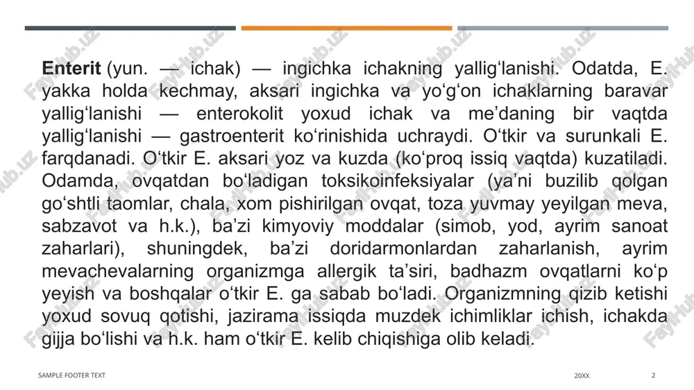 utadi, sutkasiga 10—15-marta ich ketadi, axlatda koʻp shilimshiq, baʼzan qon boʻladi. e.da koʻp qusish va ich ketishi tufayli organizm suvsizlanadi (bemorning terisi quruqshaydi, ogʻzi qurib, hidlanadi, tili karashlanib, lablari qovjiraydi, qorni dam boʻladi va h.k.), yurak faoliyati susayadi, qon bosimi va gavda temperaturasi pasayib, bemorning rangi ketadi, koʻzlari kirtayadi; ogʻirroq hollarda oyoqqoʻllari muzlab, tortishibtortishib turadi. sample footer text 20xx 5 sample footer text 20xx 6 oʻtkir e., toʻla va toʻgʻri davolansa bemor sogʻayib ketadi. aks hodda surunkali tus oladi. surunkali e.ning kelib chiqish sabablari oʻtkir e.nikiga oʻxshash. shuningdek, bu e. baʼzan meʼda, oʻt qopi, jigar yoki meʼda osti bezi kasalliklarida ichak devorining zararlanishi yoki ovqatda vitaminlar tanqisligi va boshqalar oqibatida paydo boʻladi. bunda ingichka va yoʻgʻon ichaklar devorining hamma qatlami shikastlanadi; ichak devorining soʻrish va harakat funksiyasi buziladi. surunkali e. goh zoʻriqib, goh bosiladi. sample footer text 20xx 7 davo bemorning umumiy ahvoli va kasallik belgilariga qarab tayinlanadi. surunkali e.ni …