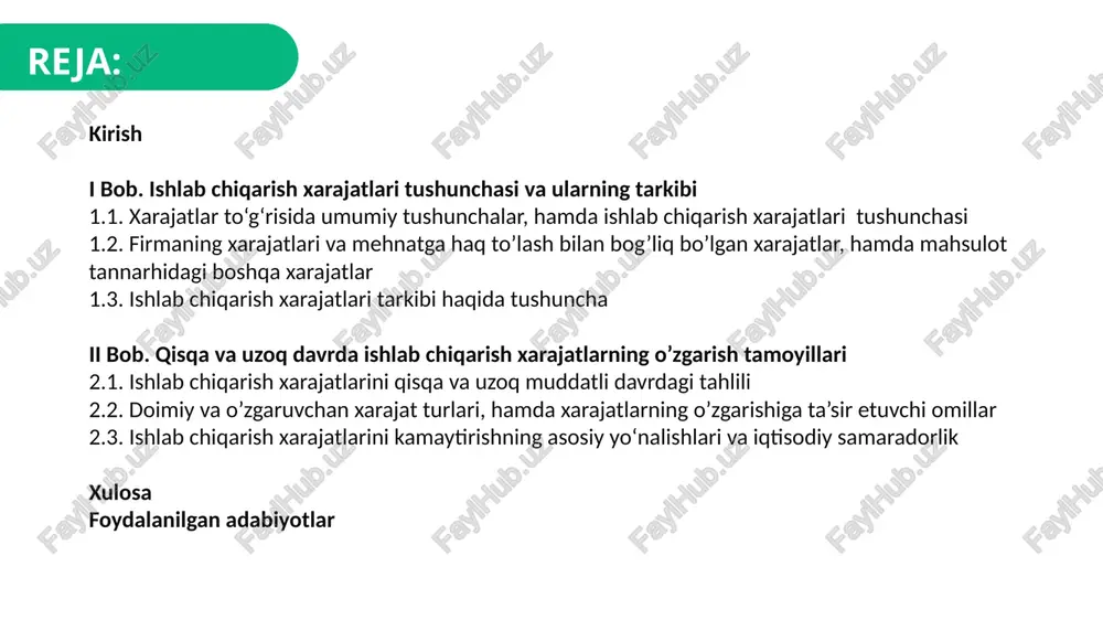 isoblanadi. takrorlayman, iqtisodiyotdagi ishlab chiqarish birliklari (korxona, firma) o‘z faoliyati natijalaridan ko‘proq daromad olishga harakat qiladi. har qanday korxona nafaqat o‘zining tovarini ancha yuqori baholarda sotishga, balki mahsulot ishlab chiqarish va uni sotishga qilinadigan sarf-xarajatlarni kamaytirishga ham intiladi. 1.bob ishlab chiqarish xarajatlari tushunchasi va ularning tarkibi 1.1 xarajatlar to‘g‘risida umumiy tushunchalar, hamda ishlab chiqarish xarajatlari tushunchasi ishlab chiqarish xarajatlari tushunchasi – tovar va xizmatlarni ishlab chiqarish va isteʼmolchilarga etkazib berishgacha qilinadigan barcha sarflar tushuniladi. ishlab chiqarish sarf-xarajatlari tarkibiga xom ashyo, asosiy va yordamchi materiallar, yonilgʻi va energiya uchun qilingan xarajatlar, asosiy kapital amortizatsiyasi, ish haqi va ijtimoiy sug’urtalarga ajratmalari, foiz toʻlovlari va boshqa xarajatlar kiradi. ishlab chiqarishga qilingan barcha sarf-xarajatlarning puldagi ifodasi mahsulot tan narxini tashkil qiladi. ishlab chiqarish xarajatlarini ikkiga boʻlib oʻrganish mumkin: - bevosita ishlab chiqarish xarajatlari - muomala xarajatlari. tovar birligining qiymatida ishlab chiqarish xarajatlari faqat uning bir qismini tashkil qiladi. ishlab chiqarish xarajatlari tovar qiymatidan foyda …