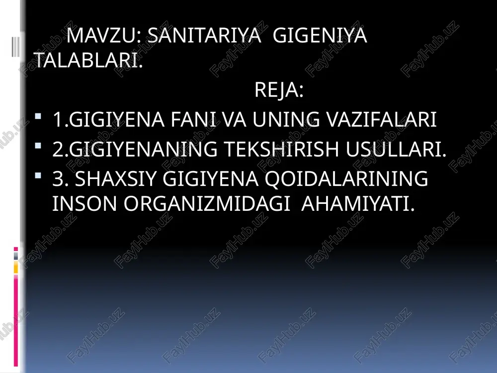 va radikologik jihatdan taqiq qilishdir. 3.statistik usul. tashqi muhit tasvirining salomatlikka ijobiy va salbiy natijasini aniqlay- di. olingan ma’lumotlarni asosida kerakli pirofilaktik chora—tadbirlar ishlab ciqiladi. shunday qilib, gigiyena inson turmush sharoiyining sog’ligiga ta’sirini o’rganadi, atrof-muhitning gigiyenik me’yorlarini asoslab beradi. 4.fiziologik kuzatishlar usuli– odam a’zolari va qurilmalarini ishlash holatini turli sharoitlarda tekshirish. shaxsiy gigiyena- gigiyenaning rejimi, odamning hayoti va faoliyatining gigiyenik asoslariga rioya qilish yo’li bilan sogliqni saqlash va mustahkamlash haqidagi bo’limdir. shaxsiy gigiyena badan terisi og’iz bo’shlig’i parvarishini, ovqatlanish rejimi, mehnat va dam olishni togri bajarish, jismoniy tarbiya va sport mashgulotlarini o’z ichiga oladi. shaxsiy gigiyena boyicha tadbirlarni mensimaslik muqarrar ravishda odam sog’ligiga ziyon yetkazadi. shaxsiy gigiyena har bir kishining oziga va yoshiga bogliq bolib, mehnatni togri yolga qoyish, jismoniy tarbiya bilan shugullanish , vaqtida ovqatlanib, miriqib uxlash ,mehnat va dam olishni togri uyushtirishdan iborat. tor ma’noda soch, tishlar ,kiyim-kechak, poyabzal, turar joy, ovqat tayyorlash ham shaxsiy gigiyena deyiladi. har …