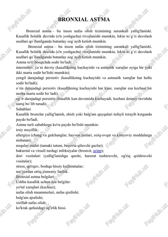 araf etishdan ko`ra oldini olish osonroq. diagnostika astmani tashxislash va davolash uchun pulmonolog quyidagi tahlillar va tekshiruvlarni buyuradi: dastlabki umumiy ko`rik; spirometriya; pikfloumetriya; allergenni aniqlash uchun tahlil; jismoniy faollik bilan testlar. bronxial astmani davolash bronxial astmani davolash quyidagilarni o'z ichiga oladi: kortikosteroid preparatlar; ingalyatsiya; bronxospazmolitik dorilar; mukolitik preparatlar; nafas olish uchun mashqlar; immunitet tizimini mustahkamlash uchun terapiya. xavfli jihatlari tez-tez astma xurujlari quyidagilarga sabab bo'lishi mumkin: pnevmotoraks (plevra bo'shlig'ida havo to'planishi); o'pkaning emfizematoz buzilishlari; o'tkir turdagi nafas yetishmovchiligi. xavf guruhi xavf guruhiga quyidagilar kiradi:: tez-tez o`rvi, bronxit va pnevmoniya bilan og'riydigan bemorlar; adenoid va poliplari olib tashlangan bemorlar; allergiyaga moyil kishilar; eshakemi, neyrodermit . bilan og'rigan bemorlar. profilaktika bronxial astma rivojlanishining oldini olish uchun shifokorlarning tavsiyalari: kamharakat turmush tarzini olib bormang, ko'proq vaqtingizni uydan tashqarida, toza havoda o'tkazing; allergiya keltirib chiqaradigan oziq-ovqatlarni iste'mol qilmang; davolovchi mashqlar darslarida qatnashing; atrof muhitni zaharlaydigan qo`zg`atuvchilardan saqlaning (masalan, tamaki tutuni). ushbu maqola faqat tanishish …