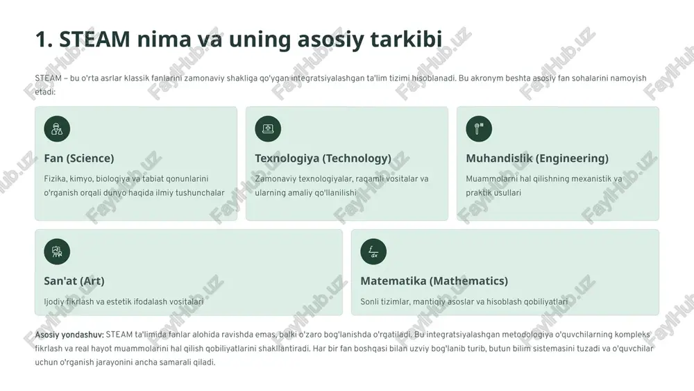 echnology - texnologiya e engineering - muhandislik a m ko’rsatkich raqam / fakt steam innovatsion ta’lim markazi ochilishi abdulla avloniy nomidagi pedagogik mahorat milliy institutida steam innovatsion ta’lim markazi tashkil etildi; loyiha qiymati ~15 mlrd soʻm, 9 ta laboratoriya, uchrashuv va boshqaruv xonalari mavjud. (talimmalarlari) “barkamol avlod” maktablarida steam laboratoriyalari 2023-2027-yillarda 100 ta “barkamol avlod” maktabida steam-ta’lim laboratoriyalari tashkil etilishi rejalashtirilgan. (dy.uz) preschool ta’limini kengaytirish bo’yicha ppp loyihalari adb yordamida samarqand va yana 4 viloyatda jami ~500 maktabgacha ta’lim muassasasini rivojlantirish rejalashtirilgan; bu ~75 000 bolani qamrab olishi mumkin. (gazeta.uz) o‘qituvchilar tayyorligi va o‘quv uslubiy o‘zgarishlar icdi (international child development initiatives) tomonidan amalga oshirilgan treninglar orqali 31 nafar maktabgacha ta’lim metodistlari (master trainers) o'qitildi, va ular orqali 100 000 dan ortiq maktabgacha ta’lim o‘qituvchilari yangi o‘quv paketini — samarali o‘yin asosidagi (play-based) kurikulumni qo‘llash bo’yicha xabardor qilinmoqda. (icdi) quyidagi ma’lumotlar so‘nggi yillarda ommaviy axborot vositalari, ilmiy maqolalar va hukumat qarorlarida …