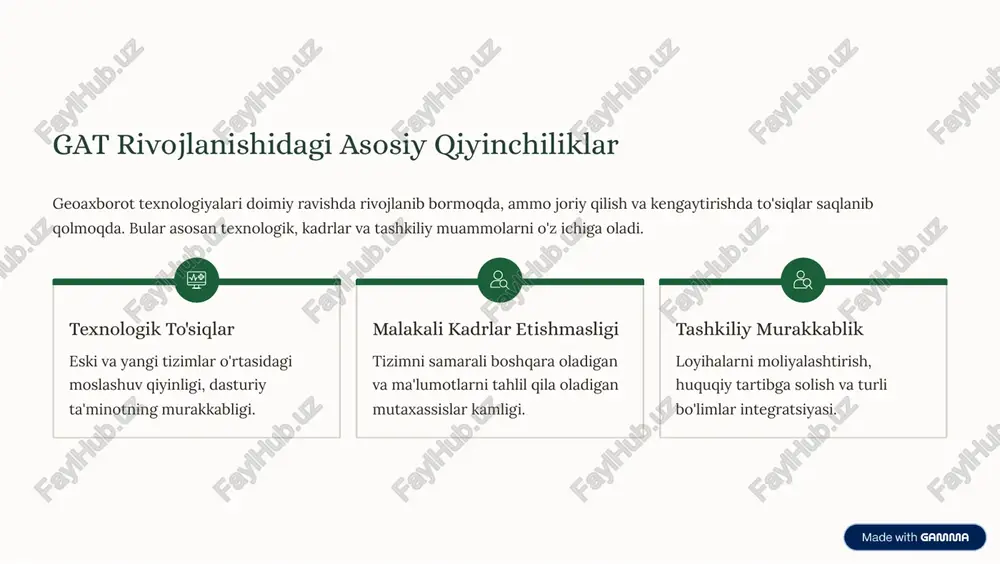 tadi. texnik talablar dasturiy ta'minotni o'rnatish va sozlash uchun yuqori darajadagi texnik bilim talab etilishi. o'rganish egri chizig'i murakkab tahlil usullarini o'zlashtirish uchun uzoq vaqt va resurs sarflash zarurati. https://gamma.app/?utm_source=made-with-gamma mutaxassis kadrlar etishmasligi va ularni tayyorlash zarurati gat sohasida nafaqat tizimlarni boshqaruvchi, balki tahlil qiluvchi va natijalarni talqin etuvchi malakali mutaxassislarga talab yuqori. ta'lim dasturlari zamonaviy texnologiyalarni o'z ichiga olgan ta'lim va o'quv dasturlarini joriy etish. malaka oshirish mavjud xodimlarni qisqa muddatli kurslar va seminarlar orqali qayta tayyorlash. ishga yollash gat bo'yicha kuchli nazariy va amaliy bilimga ega yosh kadrlarni jalb qilish. https://gamma.app/?utm_source=made-with-gamma integratsiya muammolari: turli tizimlar o8rtasidagi uyg8unlik gat ko'pincha tashkilot ichidagi boshqa ma'lumotlar tizimlari (masalan, erp, crm) bilan uzviy bog'lanishi kerak. bu jarayon bir qator integratsiya muammolarini keltirib chiqaradi. integratsiya muammola ri erp moliyaviy va inventarizatsiya mos kelmasligi autentifikatsiya turli xavfsizlik protokollari ma'lumot sinxronizatsiyasi ke_lash va vaqt ishga tushishi crm mijoz profillari va api cheklovlari gis geoma'lumotlar va …