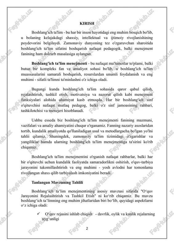 rejalashtirish va tashkil etish" ni koʻrib chiqamiz. bu mavzu boshlangʻich taʼlimning eng muhim jihatlaridan biri boʻlib, quyidagi aspektlarni oʻz ichiga oladi: · oʻquv rejasini ishlab chiqish - davrlik, oylik va kunlik rejalarning uygʻunligi · darslarni zamonaviy metodlar asosida tashkil etish - interfaol metodlar, loyiha asosida oʻqitish · individual yondashuv - har bir oʻquvchining qobiliyatlarini hisobga olgan holda dars tashkil etish · vaqtni optimal taqsimlash - oʻqish, oʻyin va dam olish vaqtining muvozanati mazkur mavzuni oʻrganish orqali oʻqituvchi nafaqat darslarni samarali tashkil eta oladi, balki oʻquvchilarning bilim darajasi va shaxsiy rivojlanishini ham izchil monitoring qila oladi. muammo va yechimlar asosiy muammo: boshlangʻich sinf oʻqituvchilarining menejment koʻnikmalarining yetarli emasligi yechimlar: 1. kashiy tayyorgarlikni takomillashtirish - oʻqituvchilarni menejment asoslari boʻyicha qayta tayyorlash kurslari 2. amaliy treninglar - menejment vazifalarini simulyatsiya qilish orqali koʻnikmalarni rivojlantirish 3. mentorlik tizimi - tajribali oʻqituvchilarning yangi kadrlar bilan ishlash dasturi 4. zamonaviy resurslar - menejment vazifalarini osonlashtiruvchi dasturiy …
