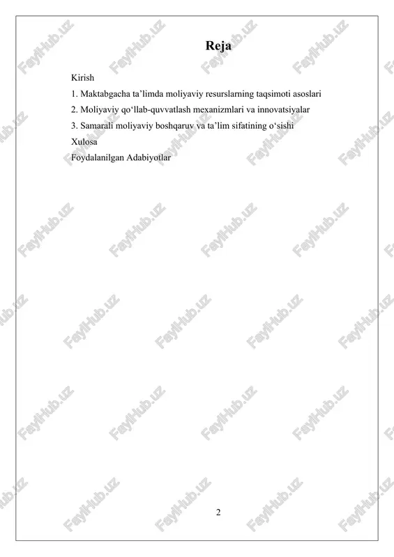 tadqiqotning asosiy maqsadi, moliyaviy resurslarni izchil va samarali taqsimlash hamda boshqarish mexanizmlarini takomillashtirish orqali ta’lim sifatini oshirish imkoniyatlarini aniqlashdir. shuningdek, bu sohada olib borilayotgan izlanishlar, moliyaviy resurslarning taqsimlanishi, samaradorligi hamda ta’lim sifatiga ta’siri bo‘yicha keng qamrovli bo‘lib, ularning yutuqlari jamiyat rivojlanishiga katta hissa qo‘shadi. i. maktabgacha ta’limda moliyaviy resurslarning taqsimoti asoslari maktabgacha ta’limda moliyaviy resurslarning taqsimoti asoslari muhim iqtisodiy va boshqaruv muammolaridan biridir. bu jarayon yosh bolalarning erta ta’lim olish imkoniyatlarini kengaytirish va ta’lim sifatini oshirish uchun zarur bo‘lgan moliyaviy resurslarni samarali va adolatli taqsimlashni ta’minlashga qaratilgan. resurslarning taqsimoti asoslari, asosan, moliyaviy manbalarni qanday aniqlash, ularni qanday ajratish va ta’lim muassasalariga qanday yetkazib berish jarayonlarini o‘z ichiga oladi. bu jarayonning muvaffaqiyati uchun moliyaviy resurslarning manbalari va ularning taqsimlanish usullari bo‘yicha aniq va tizimli tushunchalar ishlab chiqilishi muhimdir. moliyaviy resurslarning taqsimoti uchun asosiy tamoyillar mavjud bo‘lib, ular resurslarning adolatli, samarali va maqsadli ravishda taqsimlanishini ta’minlaydi. adolat tamoyili resurslarni jamiyatning barcha qatlamlariga …