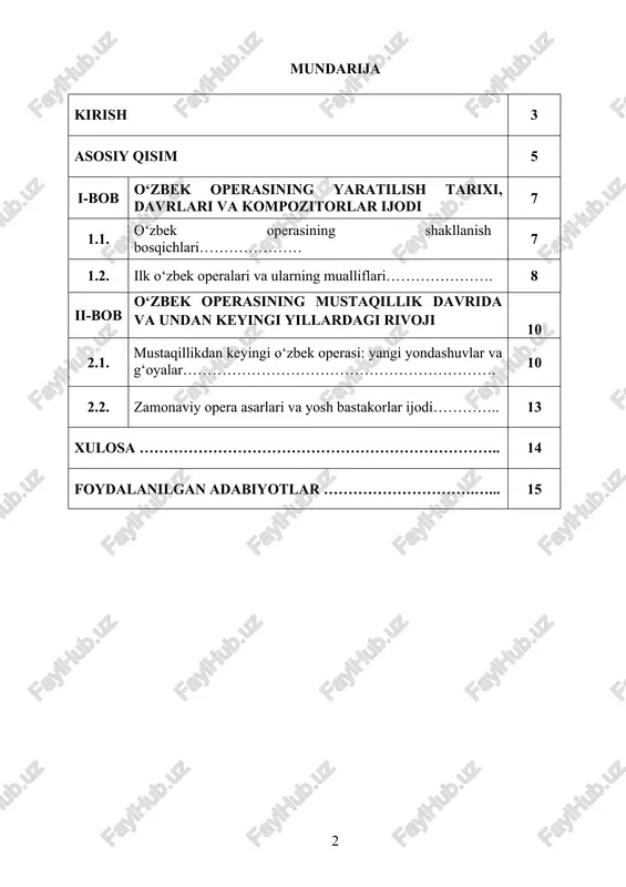 oti tarixini bosqichma-bosqich o‘rganish, uning shakllanishida muhim rol o‘ynagan ijodkorlar, asarlar va musiqiy tamoyillarni tahlil qilishdir. shuningdek, o‘zbek operasining milliy musiqiy an’analar bilan uyg‘unligi, janrlar boyligi va zamonaviy rivojlanish tendensiyalarini ochib berish maqsad qilingan. o‘zbek operasi san’atining shakllanishi, rivojlanish bosqichlari, yetuk asarlari va ularning madaniy-ma’naviy hayotimizdagi o‘rnini tizimli o‘rganishdan iborat. mazkur kurs ishi orqali milliy operamizning tarixiy ildizlarini, bastakor va sahna ijodkorlarining bu yo‘nalishga qo‘shgan hissasini tahlil qilish, o‘zbek operasi namunalarining g‘oyaviy-badiiy mazmunini ochib berish, shuningdek, ularning yosh avlodning estetik tarbiyasidagi ahamiyatini yoritish ko‘zda tutiladi. kurs ishining vazifalari - 1. o‘zbek operasining vujudga kelish tarixini o‘rganish. 2. ilk o‘zbek operalarining mazmuni va musiqiy xususiyatlarini tahlil qilish. 3. o‘zbek operasining rivojlanishida xizmat qilgan bastakorlar, libreto mualliflari va sahna ijodkorlarini aniqlash. 4. o‘zbek operasida milliylik va g‘arbiy operaviy an’analar uyg‘unligini tahlil qilish. 5. mustaqillik yillarida yaratilgan yangi o‘zbek operalari va ularning xususiyatlarini o‘rganish. 6. o‘zbek operasi san’atining bugungi kundagi ahvoli va istiqbollarini …