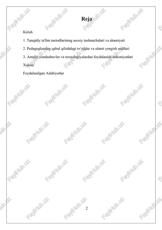 etodlarni qabul qilishdagi psixologik qarshiliklari va o‘rtadagi tajriba almashuvining cheklovlari ham muhim omil hisoblanadi. hozirgi vaqtda, pedagoglarning tanqidiy ta'lim metodlarini qabul qilish darajasini oshirish uchun turli-tri treninglar, seminarlar va innovatsion dasturlar tashkil etilmoqda. bu jarayonlarni muvaffaqiyatli amalga oshirish uchun ta'lim muhitlarini moslashtirish, texnologiyalardan foydalanishni rivojlantirish hamda pedagoglarning motivatsiyasini oshirishga qaratilgan tashabbuslar muhim ahamiyat kasb etadi. i. tanqidiy ta'lim metodlarining asosiy tushunchalari va ahamiyati tanqidiy ta'lim metodlari hozirgi zamonaviy pedagogik yondashuvlarning muhim qismi sifatida keng miqyosda qabul qilinmoqda. bu metodlar talabalarni faqatgina ma'lumot bilan ta'minlashdan ko'ra, ularning fikrlash qobiliyatlarini rivojlantirishga, muammolarni tahlil qilishga, muqobil fikr yuritish va mustaqil qarorlar qabul qilish ko'nikmalarini shakllantirishga qaratilgan. bu yondashuvlarning asosiy maqsadi – o'quvchilarda tanqidiy fikrlashni rivojlantirish, ularni zamonaviy muammolarga yondashishda faol va mustaqil bo'lishga tayyorlashdir. tanqidiy ta'lim metodlarining tushunchasi avvalo, muammo yoki vazifa asosida o'qitish tamoyillariga asoslanadi. bu metodlar ta'lim jarayonida talabalarni faol ishtirok etishga undaydi, ular muammo yoki vazifani hal qilish uchun turli …