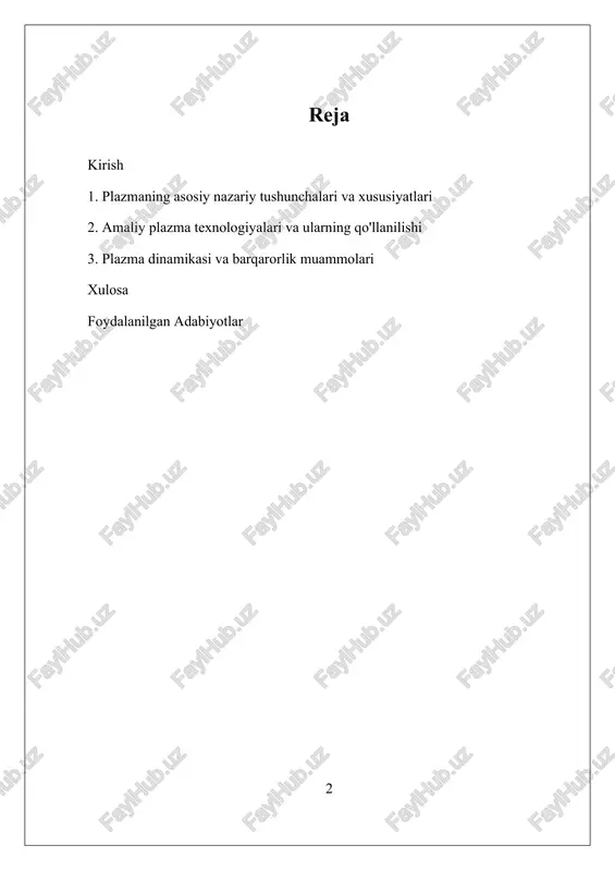 andlash va kesish texnologiyalari keng qo’llaniladi. energetika sohasida esa, nazorat qilinadigan yadro sintezi orqali barqaror va toza energiya manbai yaratish imkoniyatlari izlanmoqda. kosmos va koinot fizikasida, plazma tushunchasi yulduzlar va galaktikalar strukturasini tushunishda asosiy rol o’ynaydi. shuningdek, zamonaviy kosmik kemalar va plazma propulsiyasi texnologiyalari rivojlanmoqda. biroq, plazma bilan bog’liq muammolar ham mavjud bo’lib, ularning orasida yuqori haroratdagi plazmani barqaror saqlash, energiya yo‘qotishlarni oldini olish va sintez reaktorlarini komercial foydalanishga tayyorlash muhim muammolardir. bu sohadagi ilmiy-tadqiqotlar, ayniqsa, ilg’or diagnostika va nazorat uskunalari ishlab chiqish, hamda nazariy modellarni takomillashtirishga qaratilgan. xulosa qilib aytganda, plazma fizikasining rivojlanishi nafaqat fundamental ilmiy bilimlarni oshirish, balki amaliy jihatdan yangi texnologiyalar va energiya manbalarini yaratish uchun muhim imkoniyatlar yaratmoqda. bu soha bilan bog’liq muammolarni hal qilish uchun xalqaro hamkorlik va innovatsion yondashuvlar zarurdir. shuningdek, plazma bilan bog’liq tadqiqotlar, uning nazariy asoslarini kengaytirish va tajribaviy nazorat qilishda davom etmoqda, bu esa kelajakda energiya ishlab chiqarish, ekologiya va kosmik …