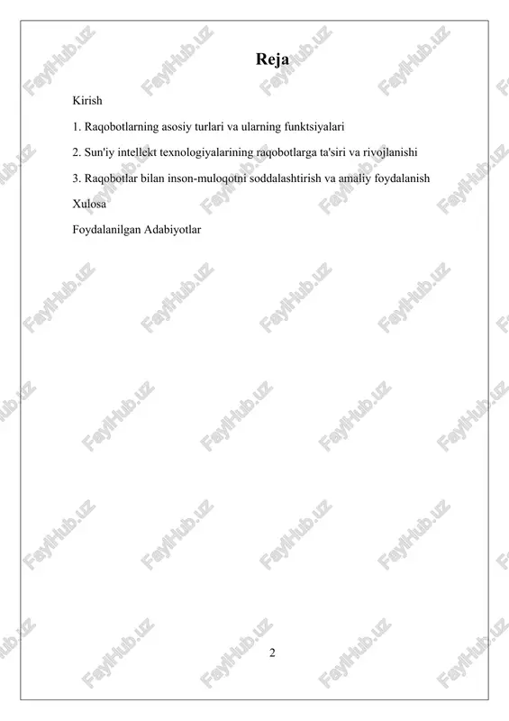 eriallarini taqdim etishda ishlatiladi. sun'iy intellekt va mashinalarni o‘qitish texnologiyalarining rivojlanishi bilan raqobotlarning inson bilan muloqoti yanada tabiiy va samarali bo‘lib bormoqda. ularning rivojlanishi va turlari hozirgi kunda texnologik innovatsiyalar, ma'lumotlar bazasi va tabiiy tilni tushunish imkoniyatlarining kengayishi bilan tez o‘zgarib bormoqda. bu esa, ular insonlar uchun qulay, samarali va ko‘p funktsiyali yordamchi bo‘lishini ta’minlamoqda. i. raqobotlarning asosiy turlari va ularning funktsiyalari raqobotlar, yoki chatbotlar, insonlar bilan matn yoki ovoz orqali muloqot qilish uchun ishlab chiqilgan dasturiy ta'minot vositalaridir. ular kompyuter dasturlari va sun'iy intellekt texnologiyalaridan foydalanib, inson muloqotining avtomatlashtirilgan shaklini taqdim etadi. raqobotlarning tarixi 1960-yillarga borib taqaladi, bu davrda ular inson bilan muloqotni avtomatlashtirish maqsadida yaratilgan birinchi tizimlar sifatida paydo bo‘lgan. ular odatda mijozlarga xizmat ko‘rsatish, ma’lumotlarni qidirish, savollarga javob berish va hatto savdo qilish sohalarida keng qo‘llaniladi. raqobotlarning asosiy maqsadi inson bilan muloqotni soddalashtirish va tezlashtirishdir. ular texnologik rivojlanish bilan birga yanada rivojlanib, insonlarga qulay va samarali yordamchi …