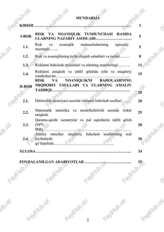 shining vazifalari: 1. risk va noaniqlik tushunchalarini aniqlashtirish; 2. miqdoriy baholashning asosiy usullarini (statistik, ehtimollik, modellashtirish) tahlil qilish; 3. matematik modellar, monte-karlo usuli, o‘zgaruvchanlik koeffitsienti, sezgirlik (sensitivity) tahlilini o‘rganish; 4. riskni baholashda statistik va ehtimollik asosidagi yondashuvlarni amalda qo‘llash; 5. amaliy vaziyatlar asosida risklarni hisoblash misollarini ishlab chiqish; 6. tahlil natijalarini grafik va jadval shaklida ifodalash; 7. miqdoriy usullarning boshqaruv qarorlariga ta’sirini baholash; 8. tavakkalchilikni kamaytirish strategiyalarini asoslash. kurs ishining obyekti: miqdoriy risk tahlili iqtisodiy va ishlab chiqarish faoliyatida, xususan, investitsion loyihalar, moliyaviy rejalashtirish, ishlab chiqarish jarayonlari va biznes loyihalarida yuzaga keladigan noaniqliklar va risklarni o‘z ichiga oladi. obyekt sifatida ushbu sohalarda yuzaga keluvchi real risk omillari tanlanadi. kurs ishining predmeti: risk va noaniqlikni baholashda qo‘llaniladigan miqdoriy usullar — statistik tahlil, ehtimollik nazariyasi, matematik modellashtirish, monte-karlo simulyatsiyasi, sezgirlik tahlili va boshqa iqtisodiy-matematik vositalar. kurs ishining metodologik asosi: kurs ishining metodologik bazasi sifatida iqtisodiy tahlil, matematik modellashtirish, statistik tahlil, ehtimollik nazariyasi …