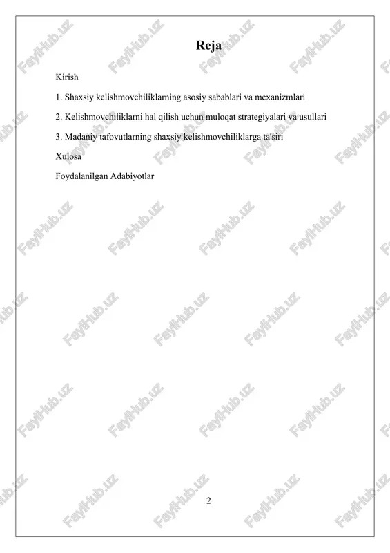 arning muhim qismi bo‘lgan shaxsiy kelishmovchiliklarni chuqur o‘rganish insonlarning o‘zaro munosabatlarini yaxshilash va muammolarni hal qilish imkoniyatlarini kengaytiradi. bu ilmiy izlanishlar insonlarning shaxsiy va madaniy tafovutlarini hisobga olgan holda, kelishmovchiliklarning oldini olish va ularni konstruktiv tarzda hal qilish bo‘yicha yangi yondashuvlarni ishlab chiqishga xizmat qiladi. i. shaxsiy kelishmovchiliklarning asosiy sabablari va mexanizmlari shaxsiy kelishmovchiliklarning asosiy sabablari va mexanizmlari insonlar o‘rtasidagi munosabatlarning murakkab va dinamik jarayonlar ekanligini ko‘rsatadi. bu kelishmovchiliklarning yuzaga kelishida turli omillar muhim rol o‘ynaydi, ularni tushunish esa muammo yechishning asosiy shartidir. shaxsiy kelishmovchiliklarning yuzaga kelish sabablari va mexanizmlari haqida so‘z yuritilganda, avvalo, insonlarning qiymatlari, e’tiqodlari, qiziqishlari va ehtiyojlari orasidagi tafovutlar nazarda tutiladi. bu tafovutlar, odatda, shaxslararo munosabatlarda to‘siqlar, tushunmovchiliklar va kelishmovchiliklar paydo bo‘lishiga olib keladi. birinchi navbatda, shaxslar o‘rtasidagi qiymatlarning farqliligi muhim sabablardan biridir. har bir inson o‘zining dunyoqarashi, e’tiqodi va qadriyatlariga asoslangan fikrga ega bo‘lib, bu qadriyatlar boshqa insonlarning qadriyatlari bilan to‘qnashganda, kelishmovchiliklar yuzaga keladi. masalan, diniy …