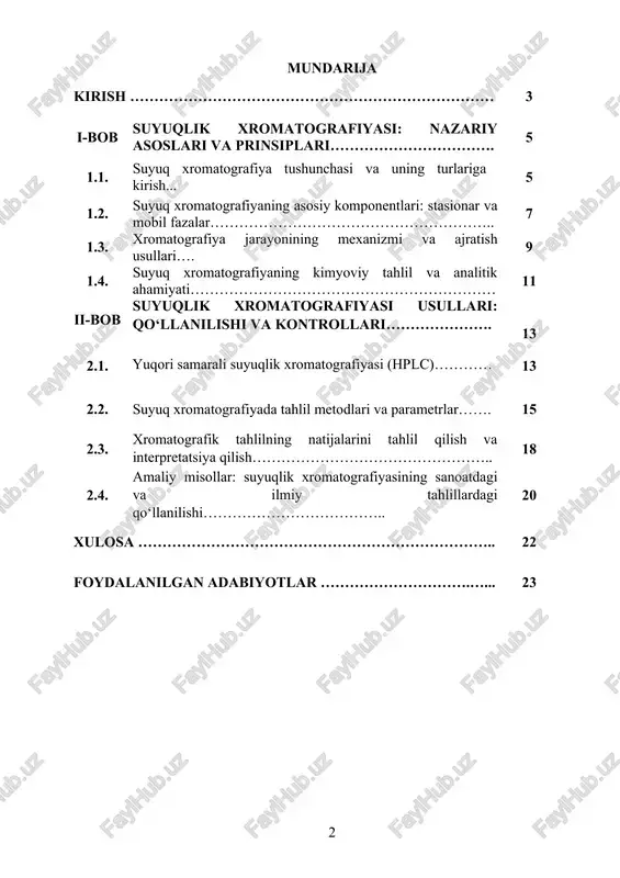 oslarini tahlil qilish hamda sx metodi yordamida moddalarning ajratilishi, tozalanishi va miqdoriy tahlilini amalga oshirish usullarini o‘rganishdan iborat. kurs ishining vazifalari: 1. suyuqlik xromatografiyasining asosiy prinsiplari va ishlash mexanizmini o‘rganish; 2. sx metodida qo‘llaniladigan usullar va apparatlar haqida ma'lumot berish; 3. sx metodining turli sohalarda qo‘llanilishiga misollar keltirish; 4. suyuqlik xromatografiyasining ajratish jarayonini nazariy jihatdan tahlil qilish; 5. suyuqlik xromatografiyasi yordamida ajratilgan moddalarning sifat va miqdorini aniqlash usullarini o‘rganish; 6. laboratoriya sharoitida sx metodi yordamida tajriba o‘tkazish; 7. olingan natijalarni tahlil qilish va sxematik diagrammalar orqali ifodalash; 8. sx metodi yordamida ajratilgan moddalarning fizik-kimyoviy xossalarini baholash. kurs ishining obyekti: suyuqlik xromatografiyasi yordamida ajratilgan moddalarning tarkibi va ularning sifat xossalari. kurs ishining predmeti: suyuqlik xromatografiyasining asosiy usullari, apparatlar va tahlil jarayonlari. kurs ishining metodologik asosi: ushbu kurs ishi fizik kimyo, analitik kimyo va tahlil metodologiyasi sohalaridagi nazariy va amaliy bilimlarga tayangan. suyuqlik xromatografiyasining prinsiplariga asoslangan metodlar, masalan, tayyorlash, separatsiya va tahlil …