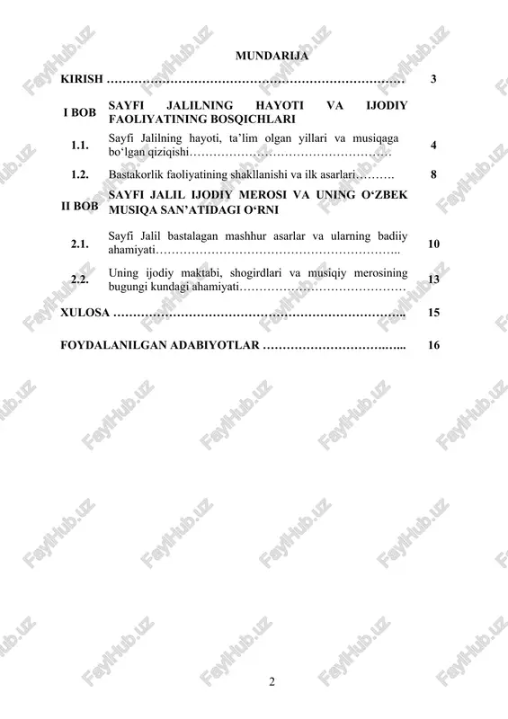 llarini aniqlashdan iborat. kurs ishining obyekti - kurs ishining obyekti sifatida sayfi jalilning hayoti va adabiy merosi olinadi. ushbu obyekt doirasida adibning tarjimai holi, ijodiy faoliyatining bosqichlari, jamiyatdagi o‘rni, shuningdek, uning she’riy va nasriy asarlari, ularda aks etgan g‘oyaviy-badiiy mazmun, milliylik va insonparvarlik tamoyillari tahlil qilinadi. shuningdek, sayfi jalil asarlarini o‘rganishda qo‘llaniladigan didaktik usullar, adabiy tahlil yondashuvlari, o‘quvchilarda estetik qarashlarni shakllantirish vositalari hamda adib ijodining yosh avlod tarbiyasidagi o‘rni ko‘rib chiqiladi. i bob. sayfi jalilning hayoti va ijodiy faoliyatining bosqichlari 1.1. sayfi jalilning hayoti, ta’lim olgan yillari va musiqaga bo‘lgan qiziqishi. sayfi jalil – o‘zbek adabiyoti va madaniyatining yorqin vakillaridan biri bo‘lib, u o‘zining adabiy va musiqiy merosi bilan milliy madaniyat taraqqiyotiga ulkan hissa qo‘shgan ijodkordir. uning hayoti, ijodiy faoliyati va musiqaga bo‘lgan mehr-muhabbati orqali biz bir insonning qalbida san’at qanday chuqur ildiz otishini va uning jamiyatga qanday ijobiy ta’sir ko‘rsatishini ko‘rishimiz mumkin. sayfi jalilning hayoti haqida so‘z yuritganda, eng …