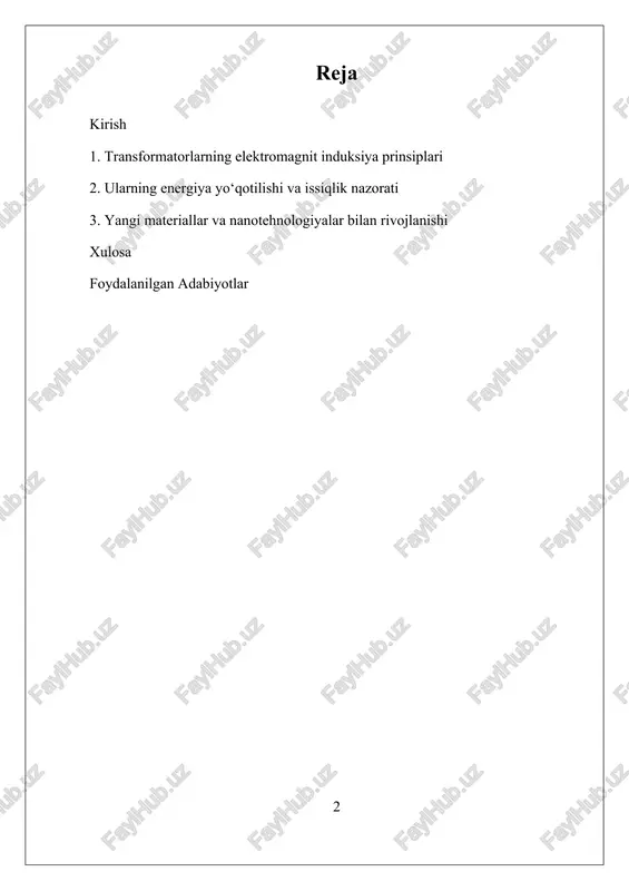 ari, energiya yo‘qotilishi va issiqlik nazorati masalalarini o‘rganishdir. shuningdek, nanotehnologiyalar va yangi materiallarning transformatorlarning ishlashiga ta'siri ham muhim o‘rganiladi. bu yo‘nalishlar energiya tizimlarining samaradorligini oshirish va ekologik xavfsizlikni ta'minlash uchun katta imkoniyatlar ochmoqda. i. transformatorlarning elektromagnit induksiya prinsiplari transformatorlarning elektromagnit induksiya prinsiplari asosida ishlash jarayoni elektromagnit qonunlar va fizikaviy prinsiplar bilan bevosita bog‘liq bo‘lib, ular transformatorlarning asosiy ishlash prinsipini tashkil etadi. elektromagnit induksiya qonuni, ayniqsa, faradayning elektromagnit induksiya qonuni, transformatorlarning asosiy ishlash mexanizmini tushunishda muhim ahamiyatga ega. bu qonunga ko‘ra, agar doimiy magnit maydonning o‘zgarishi yoki magnit maydonning magnit oqimi bilan bog‘liq bo‘lgan zanjir ichida magnit maydon o‘zgarishi yuzaga kelsa, bu zanjirda elektromagnit urish yoki kuchlanish induksiya qilinadi. transformatorlarning ishlashida, ikki asosiy element – primar va sekundar o‘ralgan simlar yoki simli o‘ramlar – mavjud bo‘lib, ular orasida magnetik oqim hosil qilinadi. primar o‘ramga elektr toki yuborilganda, u magnit maydonni hosil qiladi, bu magnit maydon sekundar o‘ramga ta'sir qiladi. agar primar …