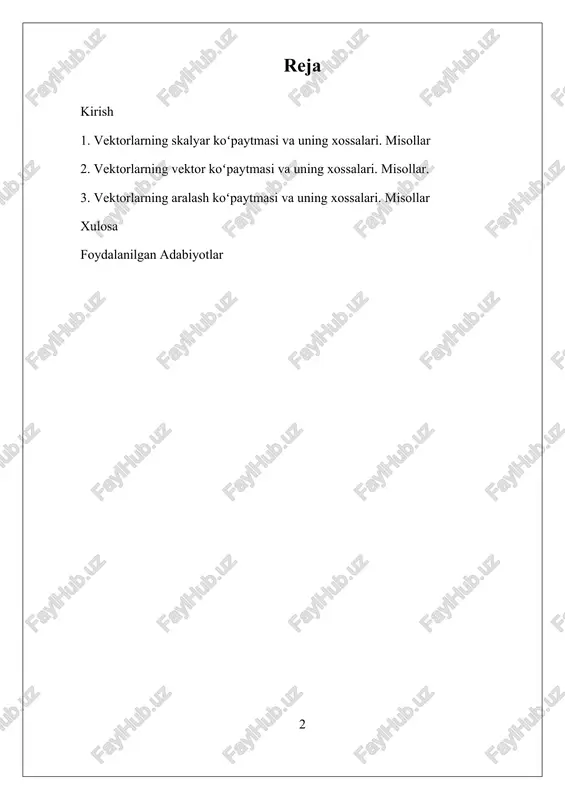 iyasi sonli metodlar va topologik yondashuvlar bilan kengayib, yangi muammolarni yechishda foydalanilmoqda. i. vektorlarning skalyar koʻpaytmasi va uning xossalari. misollar vektorlarning skalyar koʻpaytmasi — bu ikki vektor orasidagi algebraik amaldir va uning yordamida vektorlarning o’zaro burchaklari, uzunliklari va boshqa xususiyatlarini aniqlash mumkin. bu amalda, ikki vektor a va b ning skalyar koʻpaytmasi a·b deb yoziladi va quyidagi ta’rif bilan beriladi: a·b = |a| * |b| * cos(θ), bu yerda |a| va |b| — mos ravishda, vektorlarning moduli yoki uzunligi, θ esa ularning orasidagi burchak. bu formuladan ko’rinib turib, skalyar koʻpaytma, asosan, vektorlarning uzunliklari va ularning orasidagi burchak bilan bog’liq bo’lib, matematik va fizik muammolarda keng qo’llaniladi. skalyar koʻpaytmaning asosiy xossalaridan biri — uni simmetriyasi. 1-asm (). ya’ni, a·b = b·a, ya’ni, ikki vektor oʻrtasidagi skalyar koʻpaytma har doim simmetrik bo’ladi. bundan tashqari, distributiv xossaga ega bo’lib, a·(b + c) = a·b + a·c shaklida yoziladi. bu xossalar, algebraik ishlarda, masalan, …