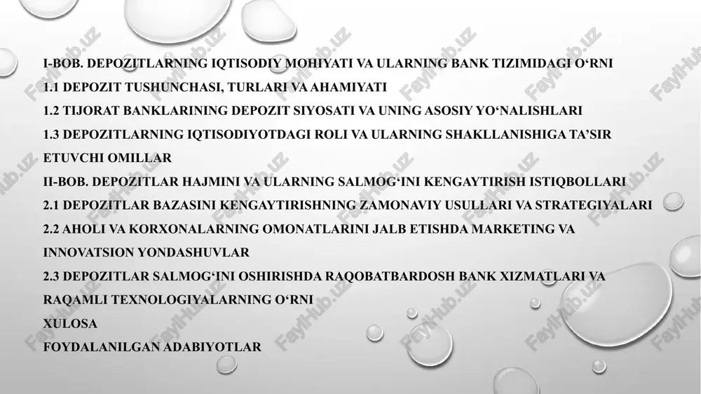 bozor iqtisodiyoti sharoitida tijorat banklarining faoliyati iqtisodiy tizimning ajralmas qismi sifatida muhim o‘rin tutadi. bank tizimi orqali pul mablag‘lari harakati tartibga solinadi, jamg‘armalar to‘planadi va investitsiyalarga yo‘naltiriladi. shunday qilib, banklarning asosiy faoliyati mablag‘larni jalb qilish va ularni samarali joylashtirishdan iborat bo‘ladi. bank resurslarini shakllantirishning asosiy manbai esa depozitlar hisoblanadi. depozitlar bank faoliyatining barqarorligini ta’minlovchi, kredit operatsiyalarining hajmini belgilovchi va bank tizimining iqtisodiy ahamiyatini oshiruvchi eng muhim elementlardan biridir. depozit — bu jismoniy yoki yuridik shaxslarning tijorat banklariga ma’lum muddatga yoki talab qilinganda qaytariladigan tarzda joylashtirilgan pul mablag‘laridir. depozitlar bank uchun majburiyat (ya’ni, qaytarilishi kerak bo‘lgan resurs) hisoblanadi, biroq ular bank faoliyatining asosiy manbai bo‘lib xizmat qiladi. banklar ushbu mablag‘larni jalb qilib, ularni kredit, investitsiya yoki boshqa daromad keltiruvchi operatsiyalar orqali iqtisodiyotga yo‘naltiradilar. depozit tushunchasi keng ma’noda mijozning bank bilan tuzgan shartnomasi asosida, ma’lum foiz yoki boshqa shartlar evaziga o‘z mablag‘larini bankka topshirishidir. depozitlar bankning moliyaviy barqarorligini ta’minlabgina qolmay, balki aholi …