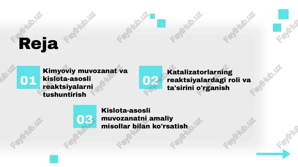 ogik jarayonlarning samaradorligini ta'minlaydi. photo by victor on unsplash kislota-asosli muvozanatning o'zgarishi kislota-asosli muvozanatga ta'sir etuvchi omillar orasida harorat, bosim, va konsentratsiya o'zgarishlari bor. haroratning oshishi odatda muvozanatni o'zgartiradi, ayniqsa reaktsiya endotermik yoki ekzotermik bo'lsa. bosim gaz reaktsiyalarida muhim, konsentratsiya esa reaktsiya yo'nalishini belgilaydi. katalizatorlar esa reaktsiya tezligini oshiradi, lekin muvozanat holatini o'zgartirmaydi. photo by victor on unsplash kislota-asosli muvozanat va kimyoviy tenglamalar kislota-asosli muvozanatda reaksiyalar tenglamalar bilan ifodalanadi. misol uchun, hcl va naoh reaksiyasi natijasida suv va tuz hosil bo'ladi. bu muvozanatni matematik modellar yordamida tahlil qilish mumkin, bu esa reaktsiya tezligi va muvozanat konstantlarini aniqlashda yordam beradi. photo by victor on unsplash kislota-asosli muvozanatni o'rganishning kelajagi kelajakda kislota-asosli muvozanat sohasida yangi tadqiqot yo'nalishlari rivojlanadi. nano-texnologiyalar va kompyuter simulyatsiyalari usullari muhim rol o'ynaydi. bu innovatsiyalar ekologiya, sanoat va tibbiyot kabi sohalarda muvozanatni tushunish va nazorat qilishda yangi imkoniyatlar yaratadi, ilm-fanda va amaliyotda muhim o'zgarishlarni keltirib chiqaradi. photo by victor …