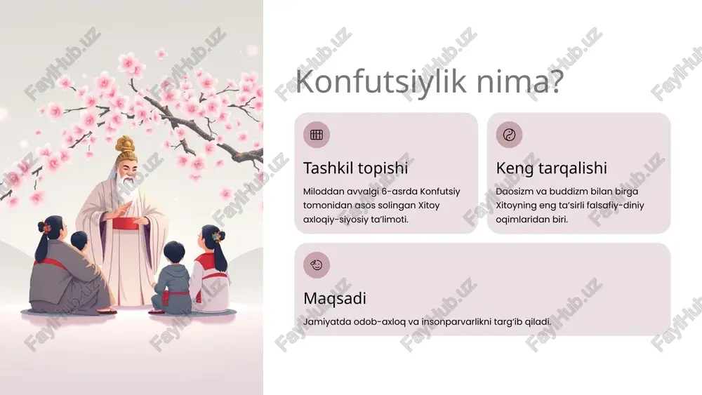 a to‘g‘ri yo‘ldan borishga jur'at. 5 konfutsiylikda taʼlimotning asosiy asarlari konfutsiylikning asosiy g'oyalari "buyuk taʼlimot" va "oʻrtalik haqida taʼlimot" kabi muhim asarlarda jamlangan. bu kitoblar odamlarning birgalikda oqilona yashashi, o'zaro hurmat va adolat tamoyillariga rioya etishi uchun yo‘l-yo‘riqlar beradi. ular axloqiy kamolotga erishish va jamiyat oldidagi burchlarni ado etish zaruratini ta'kidlaydi. 6 jamiyat va davlat boshqaruvi 01 qonunlarni moslashtirish konfutsiylik qonunlarni inson manfaatlariga moslashtirishni taʼkidlaydi, chunki faqat shu yo'l bilan adolatli boshqaruvga erishish mumkin. 02 odob ustuvorligi oddiy va keraksiz qonunlar jamiyatni buzadi; shuning uchun boshqaruvda odob va fazilatlar qonunlardan ko'ra muhimroq hisoblanadi. 03 tarixiy ta'sir xitoy tarixida konfutsiylik davlat taʼlimoti sifatida keng tarqalgan bo'lib, asrlar davomida boshqaruv tizimiga chuqur ta'sir ko'rsatgan. 7 konfutsiylikning zamonaviy ahamiyati bugungi kunda ham konfutsiylikning axloqiy qadriyatlari va insonparvarlik tamoyillari jamiyat hayotida muhim o'rin tutadi. oila, jamiyat va davlat boshqaruvida odob-axloq tamoyillari asosiy o‘rinni egallab, insoniy munosabatlarni mustahkamlaydi. konfutsiylik — qadimiy xitoyda paydo bo‘lgan falsafiy …