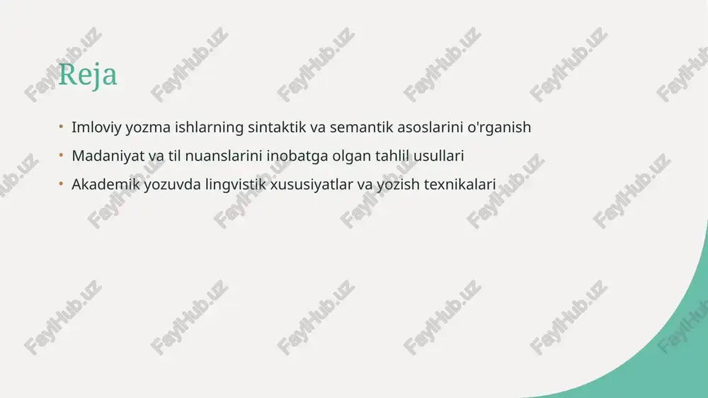 ik sintaktik va semantik elementlarning muvofiqligi yozma ishning logikasini mustahkamlaydi, xatoliklarni kamaytiradi va yozuvning lingvistik sifatini oshiradi. imloviy yozma ishlarning lingvistik xususiyatlarini o'rganish 1 lingvistik asoslar imloviy yozma ishlarning lingvistik xususiyatlarini o‘rganish, tilning sintaktik va semantik strukturalarini tahlil qilish bilan bog‘liq. bu yozma shakllarda aniq va to‘g‘ri ifoda uchun muhimdir. 2 syntax va semantik aloqalar sintaktik va semantik elementlar o‘rtasidagi bog‘liqlik, yozma matnlarda ma’no va tuzilmaning uyg‘unligini ta’minlaydi. bu, ayniqsa, murakkab fikrlarni tushunarli ifoda qilishda muhimdir. 3 madaniy va til nuanslari lingvistik tahlil madaniyat va til nuanslarini hisobga oladi, bu yozma ishlarning madaniyatga mos, aniq va ijobiy ta’sir ko‘rsatadigan bo‘lishini ta’minlaydi. madaniyat va til nuanslarini tahlil qilishda lingvistik yondashuvlarning roli 01 madaniyat va til o’rtasidagi bog’liqlik lingvistik yondashuvlar madaniyatdagi til o’ziga xosliklarini aniqlashga yordam beradi, milliy ifoda va an’analarning til orqali ifodalanishini tushunishga imkon yaratadi. 02 nuanslarni aniqlashdagi roli til va madaniyat nuanslarini tahlil qilishda lingvistik usullar kontekst, idiomlar va …