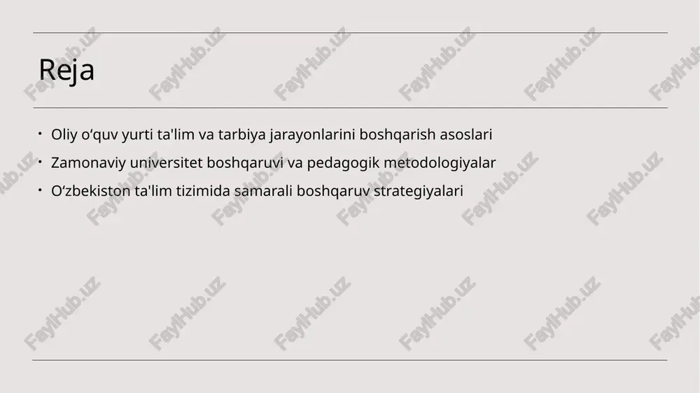 rishning roli strategik rejalashtirish oliy oʻquv yurti uchun muhim, chunki u uzoq muddatli maqsadlar va rivojlanish strategiyasini belgilaydi, resurslarni samarali taqsimlash imkonini beradi. 2 ma'lumot va tahlil toʻgʻri strategik reja uchun akademik va moliyaviy ma'lumotlar, bozor tendensiyalari va raqobat muhitining chuqur tahlili muhim, bu esa qarorlarni asosli qiladi. 3 ijro va monitoring strategik rejalashtirish jarayonida uni amalga oshirish va natijalarni nazorat qilish muhim, bu orqali rejalarning samaradorligi va moslashuvchanligi ta'minlanadi. akademik jarayonlarni boshqarishda zamonaviy metodologiyalar va texnologiyalar 1 innovatsion metodologiyalar - zamonaviy akademik jarayonlarni boshqarishda loyiha asosidagi yondashuvlar, interfaol metodlar va onlayn platformalar keng qo'llaniladi. bu usullar ta'lim sifatini oshirishga yordam beradi. 2 texnologik vositalar - raqamli texnologiyalar va axborot-kommunikatsiya texnologiyalari (akt) yordamida ma'lumotlarni boshqarish, baholash va nazorat qilish jarayonlari yanada samarali bo'lmoqda. 3 ma'lumotlarni analitika - big data va analitika vositalari ta'lim jarayonini kuzatish va baholashda muhim ahamiyat kasb etadi. bu usullar orqali individual va jamoaviy rivojlanish uchun strategiyalar …