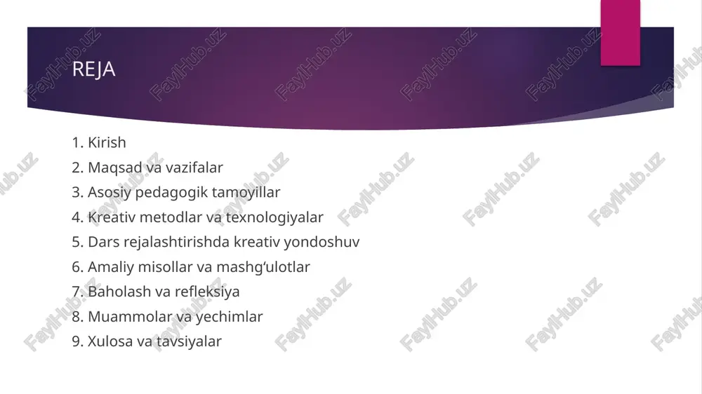 uradi. shuningdek, etika, madaniyat va ijtimoiy kontekstni hisobga olgan holda darslar tuzish muhimdir. bu tamoyillar kreativ metodlarning samaradorligini oshirib, o‘quvchilarning mustaqil fikrlashini rag‘batlantiradi. kreativ metodlar va texnologiyalar kreativ yondoshuvda loyihaviy ta’lim, dramatizatsiya, hikoya va case-metodlar, o‘yinlashtirish (gamification), muammoga yo‘naltirilgan o‘qitish va xizmat orqali o‘rganish (service-learning) kabi metodlar keng qo‘llaniladi. axborot-kommunikatsiya texnologiyalari — interaktiv taxtalar, ta’limiy platformalar va multimediya resurslari darsni jonlantirib, vizual va amaliy tajriba beradi. har bir metod o‘quvchilarning turli o‘rganish uslublariga mos kelishi, ijodkorlik va hamkorlikni rivojlantirishi uchun maqsadli tanlanishi lozim. texnologiyalar bilan uyg‘un pedagogik dizayn esa ta’lim sifatini oshirishga xizmat qiladi. dars rejalashtirishda kreativ yondoshuv dars rejasi an’anaviy tuzilmani saqlagan holda kreativ elementlarni o‘z ichiga olishi kerak: motivatsion boshlang‘ich, faoliyatga yo‘naltirilgan asosiy qism, refleksiya va mustahkamlash. vazifalar diferensiyalangan bo‘lib, turli qiyinchilik darajasidagi topshiriqlar, guruh va individual ishlash formlari, shuningdek real hayotga yo‘naltirilgan loyihalar rejalashtiriladi. vaqtni samarali boshqarish, baholash mezonlarini oldindan belgilash va materiallarni interfaol shaklda taqdim etish …