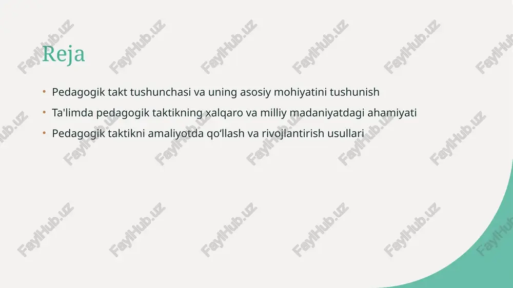dir. bu elementlar orqali o‘quv jarayonining muvofiqligi ta’minlanadi. 2 kommunikatsiya usullari effektiv pedagogik taktda kommunikatsiya muhim rol o‘ynaydi. o‘qituvchi va talabalar o‘rtasidagi ochiq va tushunarli muloqot, motivatsiya va fikr almashishni ta’minlaydi. 3 shaxsiy yondashuv har bir talaba individual ehtiyojlar va qobiliyatlariga asoslangan yondashuvni talab qiladi. bu element yordamida o‘qituvchi talabaning rivojlanishini qo‘llab-quvvatlaydi. 4 o‘quv metodlari pedagogik taktikda turli o‘quv metodlari va texnologiyalari muhim ahamiyatga ega. ular yordamida darslar qiziqarli, samarali va interaktiv bo‘lishi ta’minlanadi. pedagogik taktik va pedagogik madaniyat o'rtasidagi bog'liqlik 1 madaniyat va qadriyatlar pedagogik madaniyat, o'qituvchilarning axloqi, yondashuvi va madaniy qadriyatlar bilan shakllanadi. pedagogik taktika esa bu madaniyatga asoslangan holda, muhitga moslashadi va rivojlanadi. 2 tashkiliy madaniyat tashkiliy madaniyat o'qituvchilar va talabalarning o'zaro muloqoti, hamkorligi va muhitga bo'lgan munosabatlarini ifodalaydi. pedagogik taktika bu madaniyatni mustahkamlashda muhim rol o'ynaydi. 3 shaxsiy madaniyat har bir o'qituvchining shaxsiy madaniyati, uning pedagogik yondashuvi va uslublariga ta'sir qiladi. pedagogik taktik bu shaxsiy madaniyat …