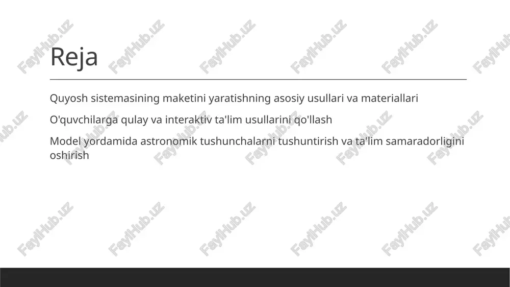 'zgartirishda qulaylik yaratadi, ayniqsa maket uchun mos. mustahkam va chidamli materiallar yog'och, plastmassa yoki metall elementlar modelning uzoq muddat xizmat qilishini ta'minlaydi, ayniqsa harorat va bosim ta'siriga chidamli bo'lishi uchun. rang va tekstura imkoniyatlari akril yoki plastmassa materiallar turli ranglarni oson qo'llashga imkon beradi, bu esa planetalar va yulduzlarning vizual ravshanligini oshiradi. ekologik va xavfsiz materiallar biologik parchalanuvchi va xavfsiz materiallar tanlash ekologik muhitni muhofaza qiladi, shuningdek, ta'lim jarayonida xavfsizlikni ta'minlaydi. quyosh sistemasi maketini yaratishda eng samarali materiallar va usullar 01 modeling uchun eng yaxshi materiallar plastilindan, kartondan va akril bo‘yoqlardan foydalanish oson va arzon, shuningdek, yasalgan modelni chidamli va vizual jihatdan jozibali qiladi. 02 zamonaviy texnologiyalar usullari 3d printerlar yordamida yuqori aniqlikdagi maketlar yaratish mumkin, bu usul ilmiy aniq va vizual tushuntirishda samarali bo‘ladi. 03 material tanlash mezonlari materiallar mustahkamlik, arzonlik va oson ishlov berish mezonlariga muvofiq tanlanadi. shuningdek, ekologik xavfsizlik va estetik jihatlarni hisobga olish muhim. interaktiv ta'lim …