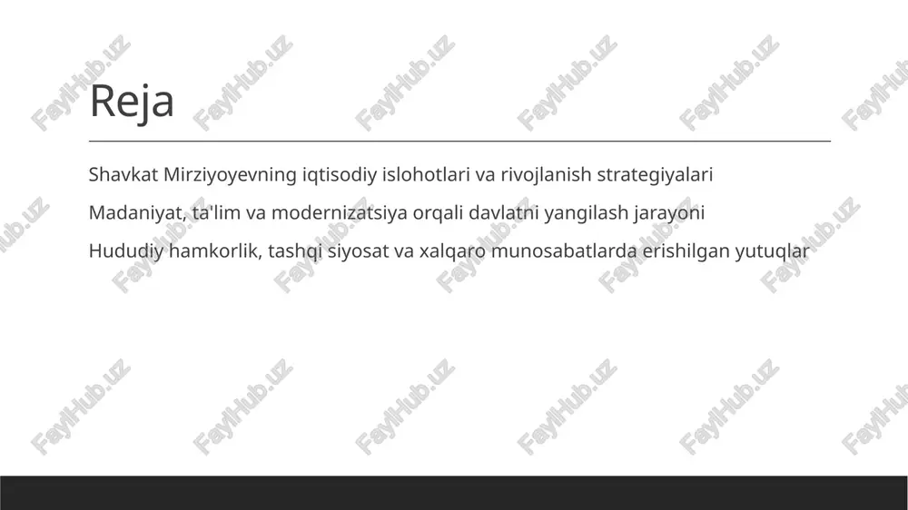 lib keldi. sog‘liqni saqlash, ta’lim va ijtimoiy yordam tizimi mustahkamlandi, tenglik va imkoniyatlar kengaytirildi. qishloq va shahar rivojlanishi qishloq joylarida infratuzilma va iqtisodiy imkoniyatlar oshirildi. shaharlar va qishloqlar o‘rtasidagi farqlar kamayib, keng qamrovli rivojlanish ta’minlandi. madaniyat va ta'lim orqali milliy identitetni mustahkamlash jarayoni 1 milliy madaniyatni rivojlantirish o'zbekiston milliy madaniyatini saqlash va rivojlantirish uchun tarixiy meros, an'analar va milliy urf-odatlarni ta’lim va san’at orqali yoyish muhimdir. 2 ta'lim siyosati va identitet ta'lim tizimida milliy qadriyatlar va tarixiy bilimlarni o‘rgatish, yosh avlodda milliy ongni shakllantirish va mustahkamlashga xizmat qiladi. 3 madaniyat va yoshlar madaniyat va ta'lim orqali yoshlarni milliy identitetga bog‘lash, ularni milliy g‘urur va vatanparvarlik ruhida tarbiyalash asosiy vazifadir. modernizatsiya va texnologik rivojlanishning ta'lim va madaniyatdagi o'rni 01 raqamli transformatsiya ta'lim va madaniyat sohalarida raqamli texnologiyalar yordamida o‘quv jarayonlari modernizatsiya qilinmoqda, masalan, onlayn ta'lim platformalari va virtual muhitlar. 02 innovatsion ta'lim zamonaviy texnologiyalar yordamida, interaktiv darslar va ilg‘or pedagogik usullar …