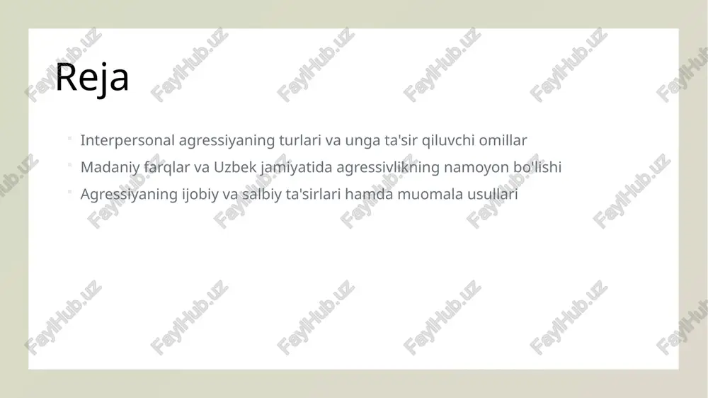 t va an'analar - o'zbek madaniyati va an'analari agressivlikni nazorat qilishda muhim rol o'ynaydi. an'anaviy qadriyatlar hurmat va hamjihatlikni rivojlantiradi, agressiyani kamaytiradi. muloqot tarzlari va agressiv xatti-harakatlarning rivojlanishi 1 muloqot usullari muloqot usullari individuallarning agressiv xatti-harakatlarini rivojlantirishi yoki kamaytirishi mumkin. to'g'ri muloqotdagi ochiqlik va hurmat agressiyani oldini oladi. 2 emotsional reaktsiyalar qandaydir muammo yoki g'azab paydo bo'lsa, emotsional reaktsiyalar agressivlikni kuchaytirishi mumkin. tinchlik bilan javob berish muammoni hal qilishga yordam beradi. 3 konfliktli vaziyatlar konfliktlar kommunikatsiya qobiliyatini sinovdan o'tkazadi. yaxshi muloqot va tinglash qobiliyati agressiv xatti-harakatlarni kamaytirishga yordam beradi. 4 muloqotdagi rivojlanish muloqot tarzining rivojlanishi insonlar o'rtasida tushunishni oshiradi, agressivlikni kamaytiradi va sog'lom muomala muhitini shakllantiradi. stress va frustratsiya ning agressiyani kuchaytiruvchi roli stressning ta’siri stress va frustratsiya insonlarning psixologik holatini buzib, agressiv xatti-harakatlarni kuchaytiradi, shuningdek, muomala va qaror qabul qilish qobiliyatini pasaytiradi. frustratsiya va agressiya frustratsiya, maqsadga erisha olmaslik yoki muammolar bilan yuzlashganda, agressiyani keltirib chiqarishi mumkin. bu emotsional …