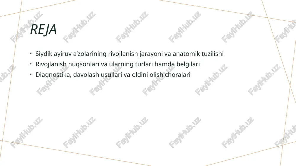 bog‘liq. muhim nuqtalar rivojlanish jarayonida genetik va molekulyar faktorlarga asoslangan muhim nuqtalar, shuningdek, muvofiqlik va xatoliklarni oldini olish uchun o‘rganish zarur. siydik ayiruv a’zolarining rivojlanishida yuzaga keladigan anomaliyalar 1 anomaliyalar turi siydik ayiruv a’zolarida yuzaga keladigan anomaliyalar turli shakl va darajada bo‘lishi mumkin, ular ichida keng tarqalganlar — atrofiy, yopiq yoki shikastlangan holatlar. 2 genetik asoslar ba'zi rivojlanish nuqsonlari genetika bilan bog‘liq bo‘lib, ularning paydo bo‘lishi uchun genetik mutatsiyalar va irsiy xususiyatlar muhim rol o‘ynaydi. 3 tibbiy oqibatlar anomaliyalar nafaqat anatomik nuqsonlar, balki ularning klinik simptomlari, tashxis va davolash jarayonlariga ham ta’sir qilishi mumkin, bu esa sog‘liq muammolarini keltirib chiqaradi. xulosa 1 siydik ayiruv a’zolarining rivojlanish asoslari siydik ayiruv a’zolarining rivojlanishi genetik va epigenetik mexanizmlarga asoslangan bo‘lib, embrionning dastlabki bosqichlarida boshlanadi va muhim biologik jarayondir. 2 rivojlanish nuqsonlari va klinik ta’siri rivojlanish nuqsonlari turli shakllarda bo‘lib, genetik va anatomik xususiyatlarga ta’sir qiladi. ular klinik belgilarga va davolash jarayonlariga muhim ta’sir …