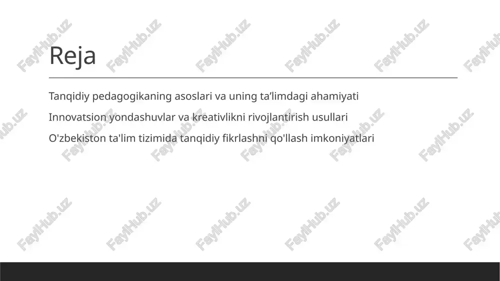 . 2 o'qituvchilar tayyorlashi o'qituvchilarni tanqidiy fikrlash va kreativ metodlarni qo'llashga tayyorlash, ta'lim sifatini oshirish va zamonaviy pedagogik standartlarga moslash uchun zarur. 3 texnologiya integratsiyasi raqamli va interaktiv texnologiyalar yordamida ta'lim muhitini boyitish, talabalarga real muammolarni hal qilishda yordam beradigan vositalar taqdim etiladi. 4 amaliyot va hamkorlik o'zbekistonda ta'lim sohasida amaliyot va xalqaro hamkorlikni kengaytirish, tanqidiy fikrlashni rivojlantirish uchun yangi imkoniyatlar yaratadi. tanqidiy pedagogikaning ta'lim sifatini oshirishdagi ahamiyati va ta'siri. innovatsion yondashuvlar tanqidiy pedagogika ta'lim sifatini oshirish uchun innovatsion metodlar va yondashuvlarni joriy etishga yordam beradi, o'quvchilarning fikrlash va muammoni hal qilish ko'nikmalarini rivojlantiradi. fikrlash qobiliyatlari bu pedagogika shakllantiradigan kritik fikrlash va analitik qobiliyatlar nafaqat bilimlarni mustahkamlaydi, balki muhim qarorlar qabul qilishda asos bo'ladi. motivatsiya va ishtiyoq tanqidiy yondashuvlar talabalarni ta'lim jarayoniga faol qatnashishga va mustaqil fikrlashga rag'batlantiradi, bu esa o'qitish samaradorligini oshiradi. sifat va natijalar bu pedagogika ta'lim sifatini oshiradi, o'quvchilarning umumiy bilim darajasini va amaliy ko'nikmalarini kengaytiradi, muhim …
