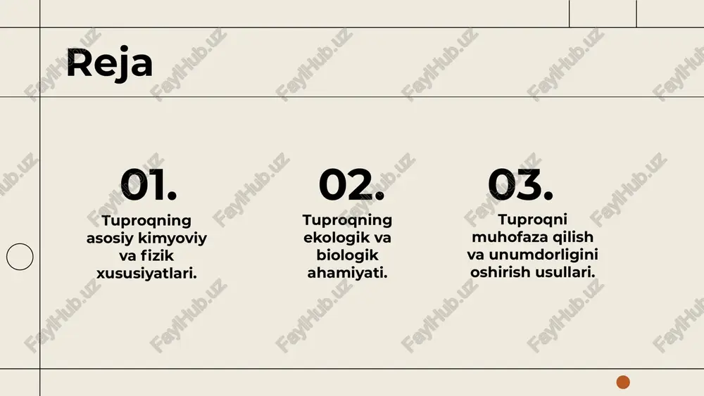 ar muvozanatini saqlashda yordam beradi. integratsiyalashgan yondashuvlar bilan tuproq sifatini yaxshilash mumkin. tuproqning fizik va kimyoviy xususiyatlari o'rtasidagi bog'lanish tuproqning ekologik ahamiyati tuproq va ekosistema tuproq biologik xilma-xillik uchun muhim muhit bo'lib, odamlardan tashqari hayvonlar, o'simliklar va mikroorganizmlar uchun yashash joyi hisoblanadi. suv va havo sifatiga ta'siri tuproq suvni tozalashda muhim rol o'ynaydi, suvsuv va havodagi zararli moddalarni yutadi, organik moddalarni ajratib, havo va suv sifatini yaxshilaydi. biologik xilma-xillikning saqlanishi tuproq biologik xilma-xillikni saqlashda asosiy o'rin tutadi, mikroorganismlar, fungi va boshqa organizmlarning yashash joyi bo'lib, ekosistemani muvozanatda saqlashga yordam beradi. tuproqning biologik ahamiyati tuproqda yashovchi organizmlar va ularning roli tuproqda yashovchi mikroorganizmlar, ayniqsa azot bakteriyalari, tuproq unumdorligini oshiradi, ozuqa moddalarini ishlab chiqaradi va ekosistemaga muhim ta'sir ko'rsatadi. tuproqning oziq-ovqat zanjiridagi o‘rni tuproq mikroorganizmlari oziq-ovqat zanjirida asosiy rol o'ynaydi, ularning yordamida ozuqa moddalar ishlab chiqariladi, biologik xilma-xillik ta'minlanadi va ekosistemalar barqarorligi ta'minlanadi. tuproqning biologik jarayonlari tuproqda dekompozitsiya va azot aylanishi biologik …