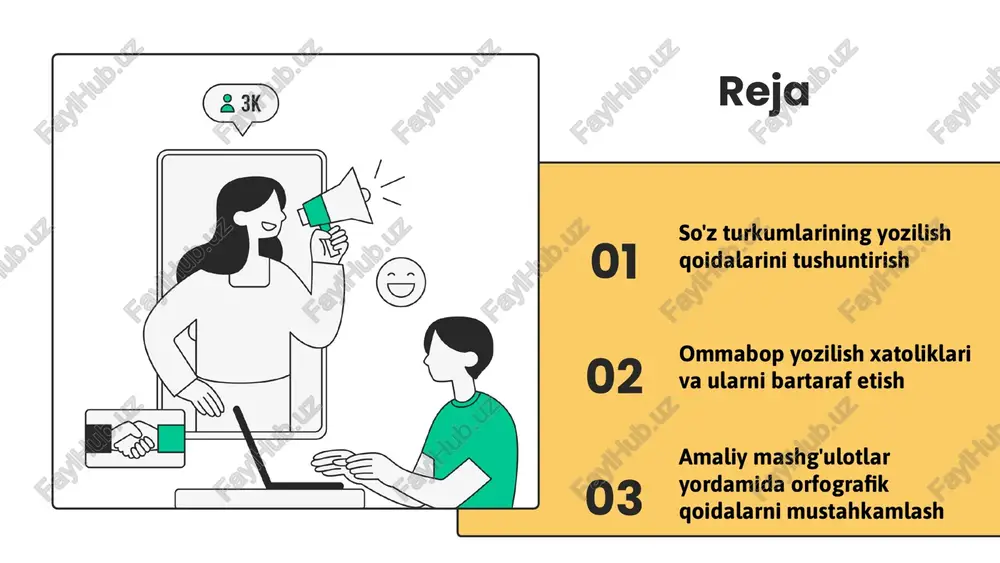 zilishdagi xatoliklarni oldini oladi va to'g'ri yozishni ta'minlaydi. o'zbek tiliga xos yozilish qoidalarida, har bir harf va tovushning yozilishi alohida ahamiyatga ega. masalan, 'o' harfi va uning tovushga mos yozilishi. bu qoidalar tilni to'g'ri va ravon yozishga yordam beradi. photo by getty images on unsplash 1 2 3 amaliyot: yozilish qoidalarini qo'llash yozilish qoidalarini amaliyotda qo'llash uchun, avvalo, so'z turkumlariga oid qoidalarni to'g'ri tushunish zarur. mashqlar yordamida bu qoidalarni mustahkamlash mumkin. masalan, sifat olmosh va isimlarning yozilishida qoidalarni tekshirish va tahlil qilish. ommabop yozilish xatoliklari ommabop yozilish xatoliklari yozishda keng tarqalgan xatoliklar bo'lib, ularning sabablari yozish qoidalarini bilmaslik, e'tibor kamligi yoki tez yozishdan kelib chiqadi. masalan, 'qabul qilmoq' so'zini noto'g'ri yozish mumkin. xatoliklar turlari: yozilish qoidalarining buzilishi, so'zlarni noto'g'ri ajratish, ma'nosini noto'g'ri tushunish. sabablari esa qoidalarni tushunmaslik, e'tibor kamligi yoki yozishda shoshilinchlik. masalan, 'yaxshi' ni 'yaxshi' deb yozish. xatoliklarni tuzatish uchun qoidalarni puxta o'rganish, yozishni amaliyot qilish, matnlarni qayta tekshirish …