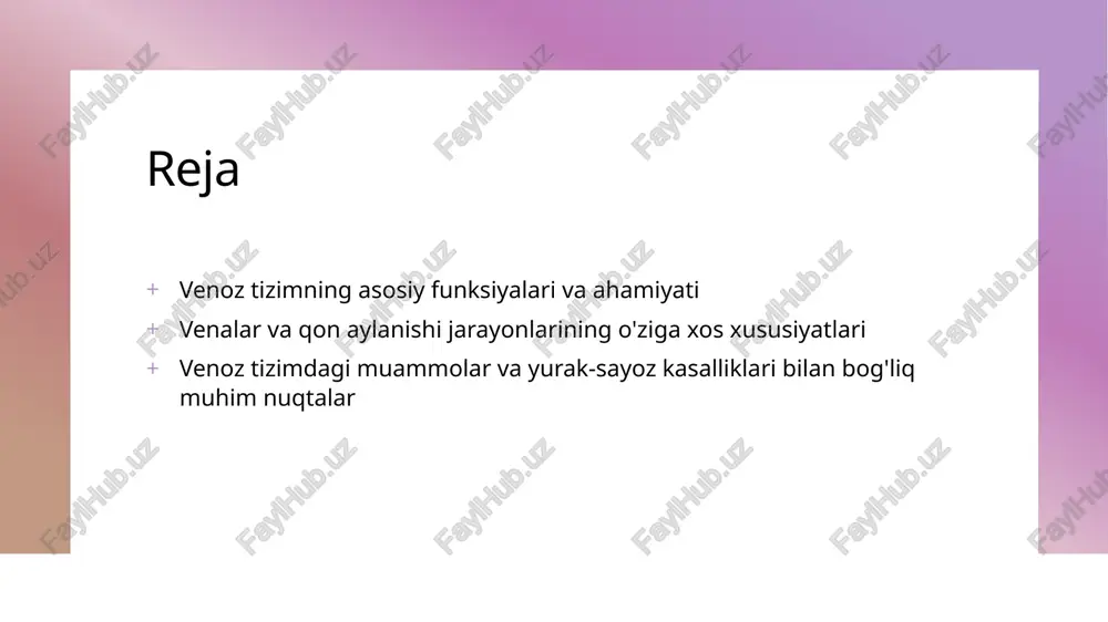 r qon oqimini boshqarishda muhim bo‘lib, qon bosimi va suyuqlik muvozanatini ta’minlaydi, yurak faoliyatiga ta’sir qiladi. 3 qon aylanishining fiziologik jarayonlari venalar vena qonini yurakka qaytaradi, bu jarayon qon bosimining nazorati va qon aylanishining barqarorligini ta’minlash uchun muhim bo‘lgan yotqizilgan mexanizmlarga asoslanadi. 4 venoz qon oqimining boshqaruv mexanizmlari venoz qon oqimi muskullar harakati, klapanlar va qon tomirlarning elastikligi yordamida tartibga solinadi, bu qon aylanishining davomiyligini ta’minlaydi. venoz tizimning organizmdagi namoyon bo'lishi va sog'liq muammolari venoz tizimning tashqi ko‘rinishi venoz tizimning namoyon bo‘lishi tashqi ko‘rinishda turli xil kasalliklar va muammolar orqali namoyon bo‘ladi, masalan, varikoz kengayishlar va tayanch qattiqliklari. qon aylanishidagi muammolar venalarning buzilishi qon aylanishining buzilishiga olib keladi, bu esa qon bosimi o‘zgarishlari, shishlar va yurak- qon tizimi muammolarini keltirib chiqaradi. kasalliklarning belgilari venoz tizim muammolari odatda oyoqlarda shish, og‘riq, qattiqlik va ko‘rinadigan tomirlar kengayishi bilan ifodalanadi, vaqti-vaqti bilan og‘riq kuchayadi. sog‘liq muhofazasi venoz tizimdagi muammolarni oldini olish uchun jismoniy …