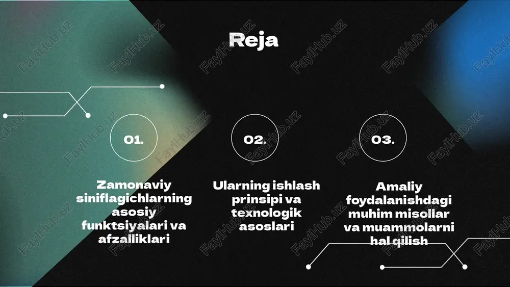 g'liq. bu texnologiya samaradorlikni oshiradi va ishonchlilikni ta'minlaydi, kelajakda esa yanada rivojlanib, ko'proq imkoniyatlar yaratadi. shuning uchun, ular rivojlanishda davom etmoqda va har bir soha uchun muhim ahamiyat kasb etadi. photo by irvan smith on unsplash foydalanilgan adabiyotlar 1. o‘zbekiston respublikasi ta’lim vazirligi. elektron va raqamli texnologiyalar asosida siniflagichlar rivojlanishi. toshkent: o‘quvchilar nashriyoti, 2020. 2. islomov, a. zamonaviy siniflagichlar texnologiyalari va ularning ishlash prinsiplari. informatika va kommunikatsiya texnologiyalari jurnali, 2021. 3. qodirov, s. va boshqa. elektron siniflagichlar va ularning amaliy qo‘llanilishi. toshkent: innovatsion texnologiyalar markazi, 2019. 4. mamatov, a. siniflagichlarning nazariy asoslari va texnologik imkoniyatlari. o‘zbekiston milliy universiteti, 2022. 5. rahimov, b. zamonaviy signalni ajratish va kuchaytirish texnologiyalari. o‘zbekiston elektronika va telekommunikatsiya jurnal, 2020. e'tiboringiz uchun rahmat! image1.png image2.png image3.png image4.png image5.png image6.png image7.png image8.png image9.png image10.png image11.png image21.png image24.jpg image22.png image25.jpg image23.png