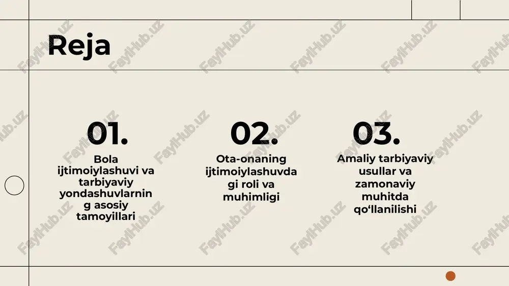 dlar. masalan, interaktiv metodlar orqali ijtimoiy qobiliyatlar rivojlantiriladi. ota-onalar va jamiyat o'rtasidagi hamkorlik: ota-onalarning roli, maktab bilan hamkorlik, umumiy maqsadlar va faoliyatlar. bu bola rivojlanishini kuchaytiradi. ota-onaning ijtimoiylashuvdagi roli ota-onaning bola ijtimoiylashuvidagi o'rni ota-onalar bolalarni jamiyat qoidalariga o'rgatadi, madaniyat, odob-axloq va davranishlarni namuna qilib ko'rsatadi. bu ularning ijtimoiylashuvida muhim ahamiyat kasb etadi. ota-onaning tarbiyaviy yondashuvlari tarbiyaviy yondashuvlar: muvozanatli, autoritar va erkin. har bir yondashuv bolalar rivojiga turlicha ta'sir qiladi, ularning mustaqil fikrlash va ijtimoiy qobiliyatlarini shakllantiradi. ota-onaning ijtimoiy muhitga ta'siri ota-onalar ijtimoiy statusi, madaniyati va odatlari bilan bolalarning ijtimoiy muhitga moslashuvi va ijtimoiy ko'nikmalarga ega bo'lishida muhim rol o'ynaydi. ota-onaning muqaddas vazifalari ota-onalar bolalarining tarbiyasida asosiy rol o'ynaydi. ular axloqiy, madaniy va ijtimoiy qiymatlarni shakllantirishda muhim vazifa bajaradi. masalan, mehr-oqibat va mas'uliyatni o'rgatish ota-onaning vazifalaridan biridir. ota-onaning bola ijtimoiylashuviga qo'shgan hissasi uning jamiyatdagi faol roli bilan bog'liq. ular bolalarga qoidalar va odob-axloqni o'rgatadi, shuningdek, jamiyatga moslashishda yordam beradi. bu bolaning …