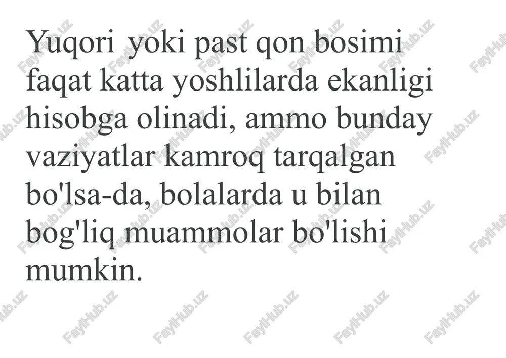 o'zgarganda, bosim past bo'lganida, shirin choy bilan mast bo'lish kerak. bunday sharoitlarning oldini olish uchun faol jismoniy faoliyat tavsiya etiladi eleutherococcus yoki echinacea preparatlarining profilaktik qabul qilinishi bir muncha vaqt. bolalarda bosim kuchayadi boladagi yuqori qon bosimi yurak-qon tomir tizimi muammolarini ko'rsatishi mumkin, bu esa muntazam tibbiy maslahatlarni talab qiladi. agar bunday bosim ko'payib borayotgan bo'lsa, bosimni nazorat qilish va o'z vaqtida choralar ko'rish uchun bolaning tonometrini sotib olish kerak. bolalardagi yuqori qon bosimining o'z-o'zini davolashi qabul qilinishi mumkin emas. oldini olish uchun siz bolaning kunlik rejimini, jismoniy va aqliy yuklarni, shuningdek, parhezni moslashtirishingiz kerak. image1.jpg image2.jpg image3.png image4.png